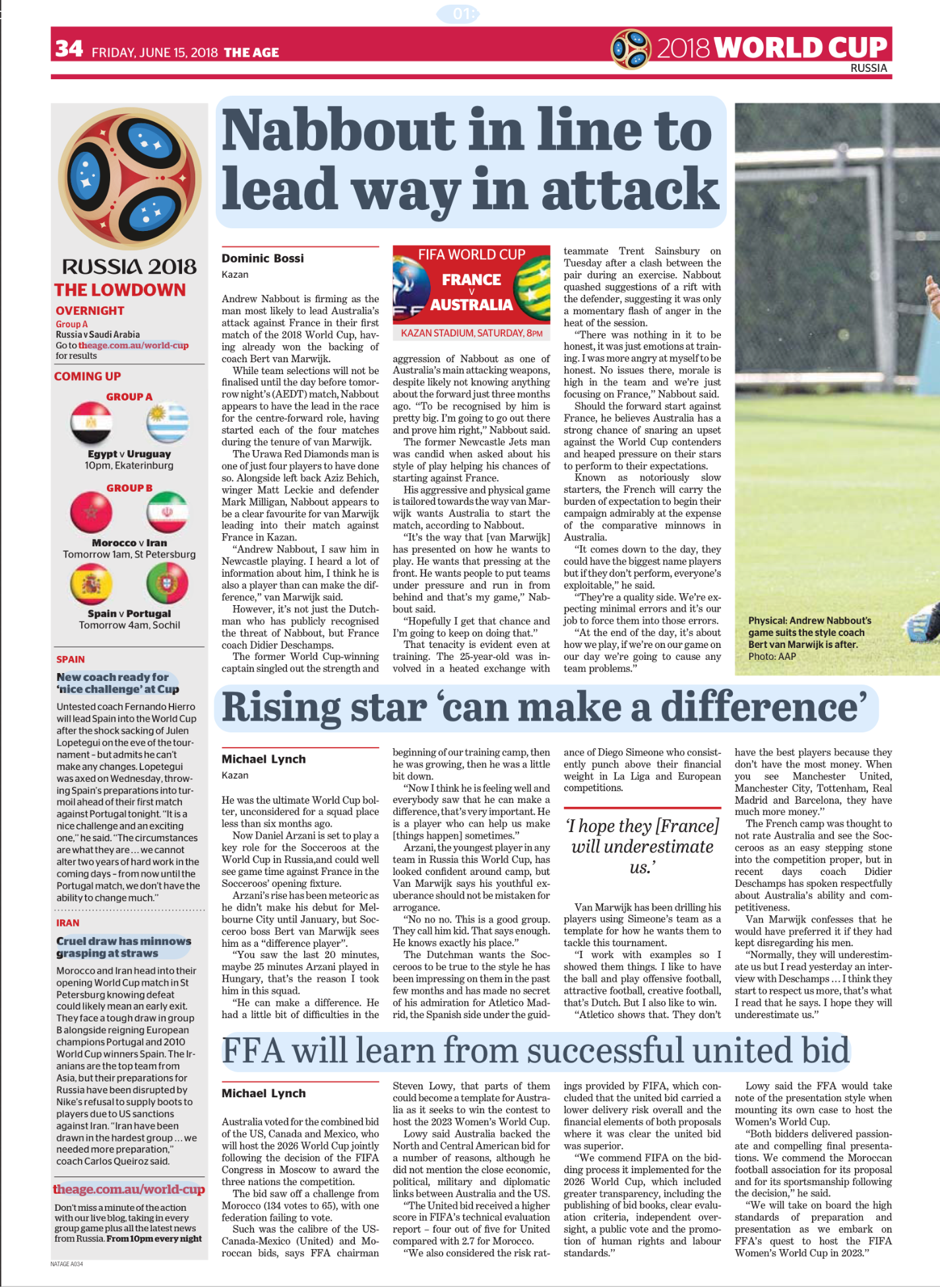 Newspaper sports article with headlines about the 2018 FIFA World Cup match between Russia and Australia, featuring images and text about team performances, player quotes, and upcoming match details.