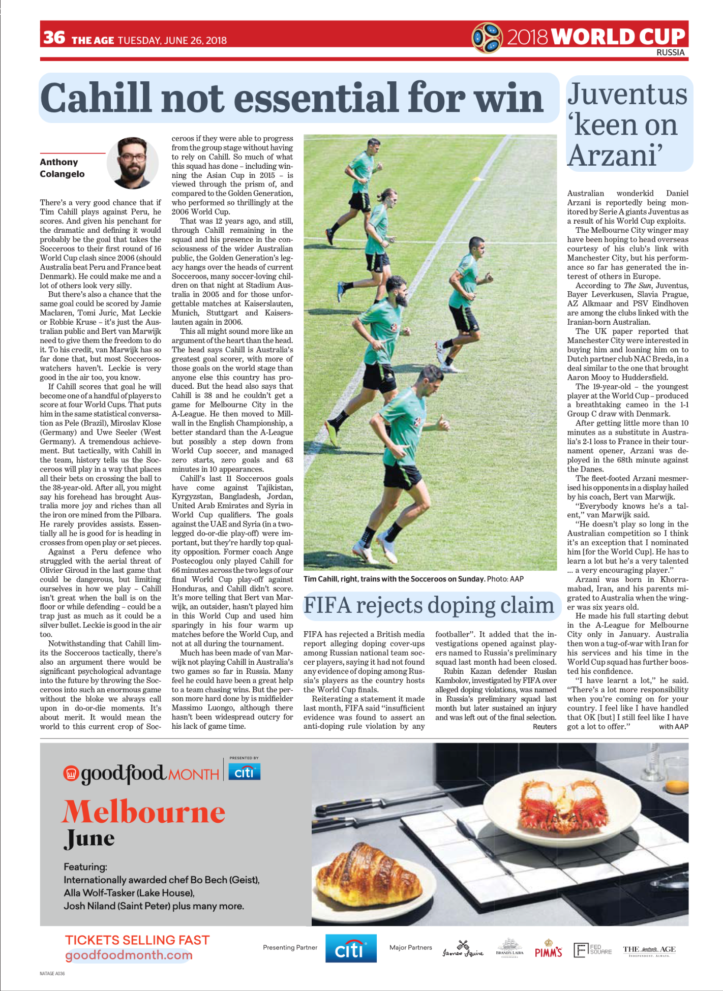 Newspaper page from June 26, 2018, featuring sports articles about the FIFA World Cup 2018, including a photo of young soccer players practicing on a field and an advertisement for Melbourne food in June.