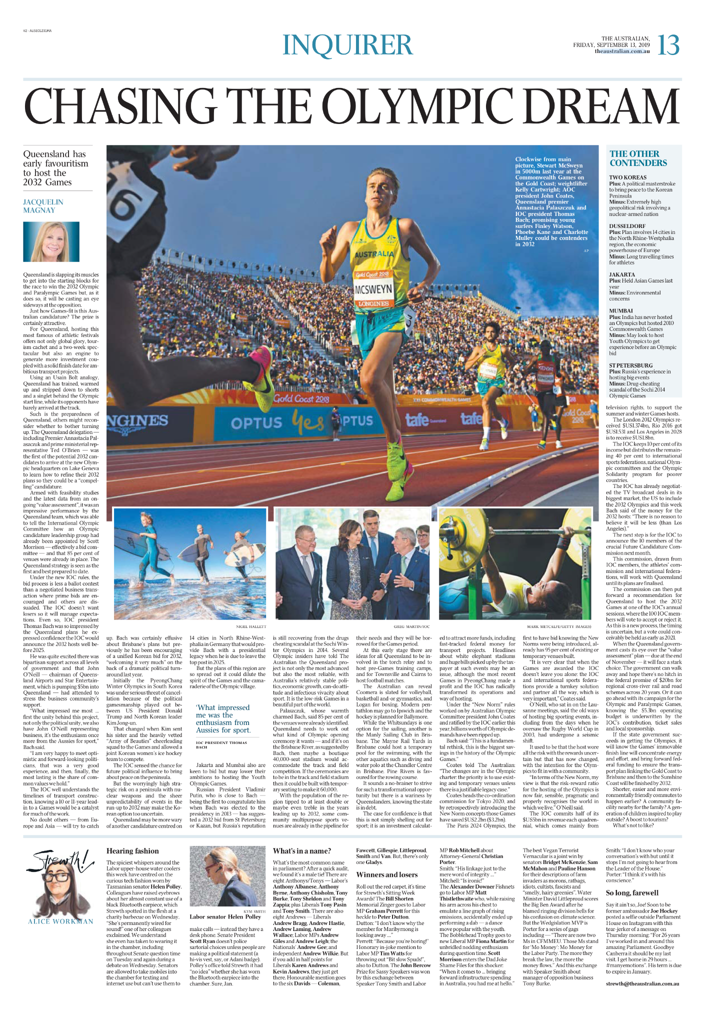 Newspaper page featuring an article titled 'Chasing the Olympic Dream' with a photo of an Australian female athlete running in a marathon at the 2008 Beijing Olympics, alongside smaller photos of other athletes and officials.