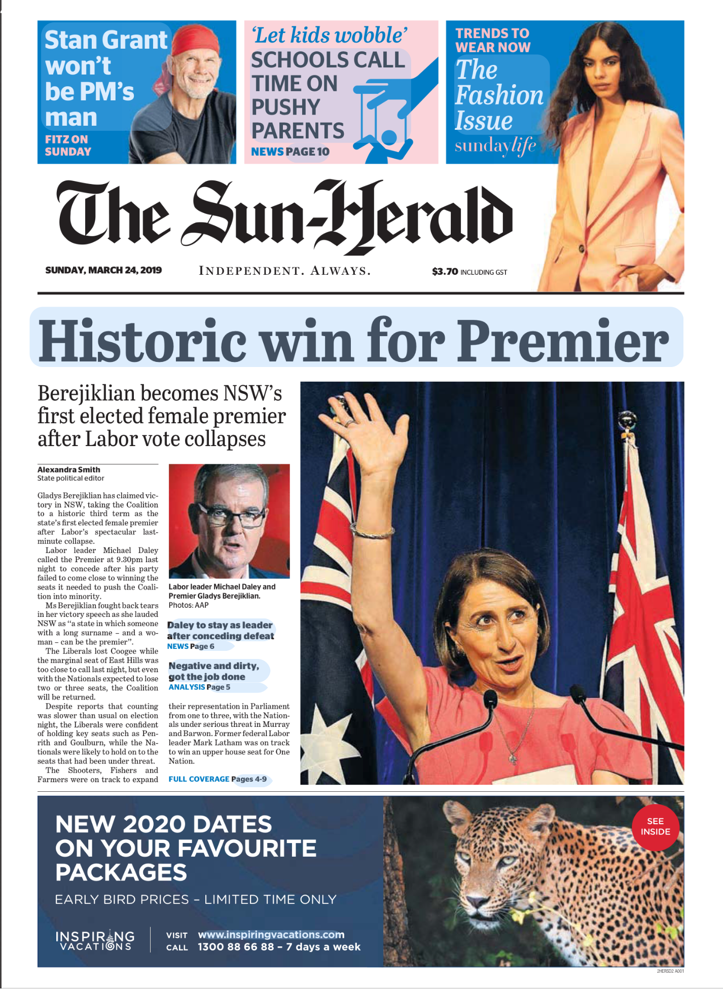 Front page of The Sun-Herald newspaper, dated March 24, 2019, featuring a headline about Gladys Berejiklian becoming New South Wales' first elected female premier, with a photo of her raising her hand at a press conference. Additional articles includ