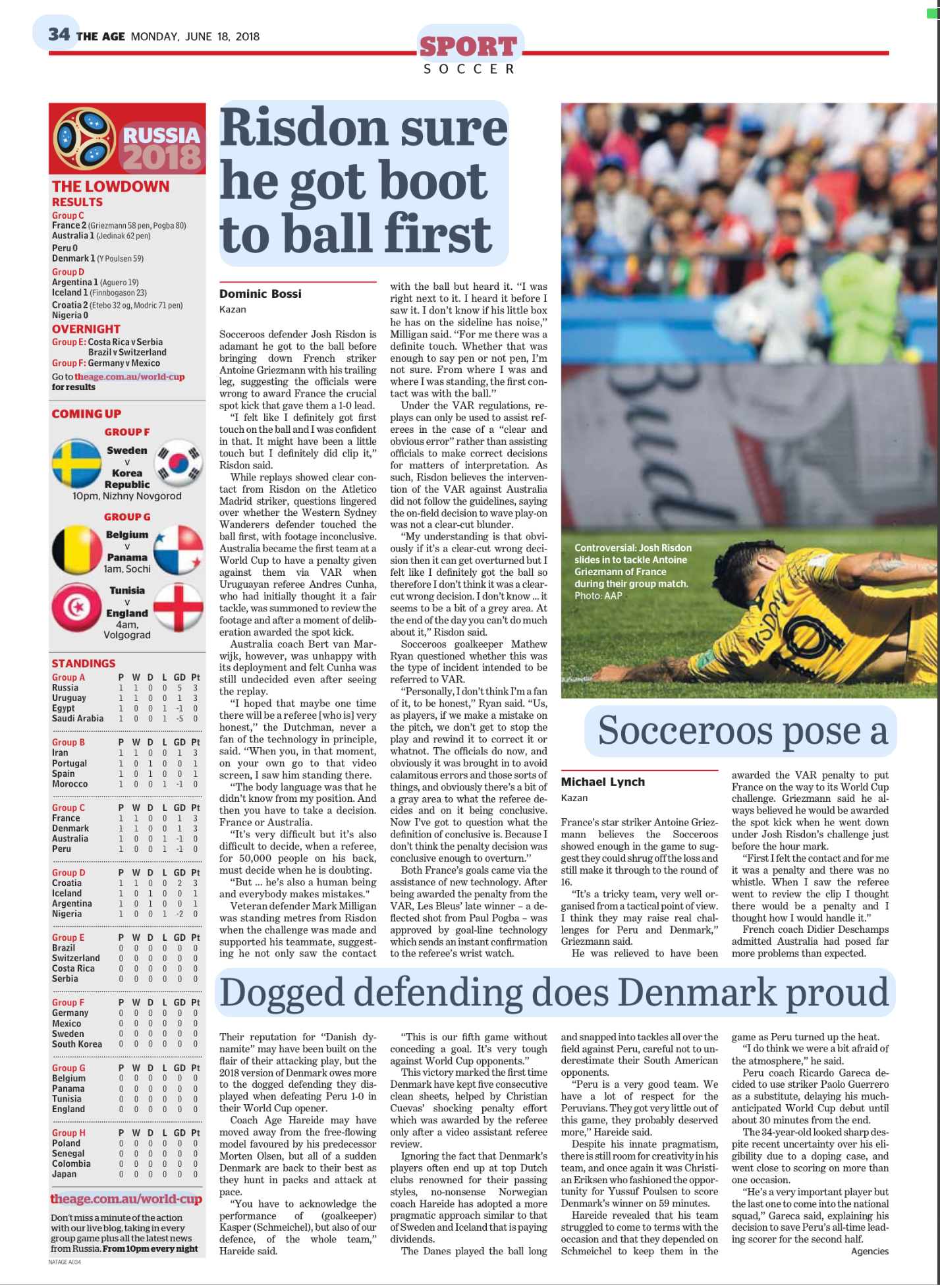 Newspaper sports article about soccer, featuring a photo of a goalkeeper in yellow uniform diving to save the ball during a match, with a crowd in the background.