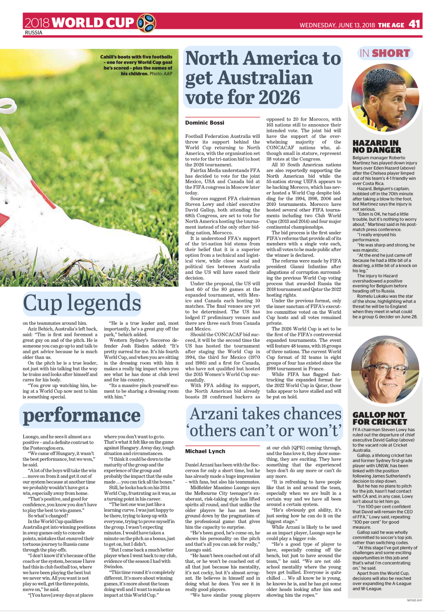 Newspaper page from the 2018 FIFA World Cup coverage, focusing on North American support for 2026, featuring articles, photos, and headlines about controversies and players.
