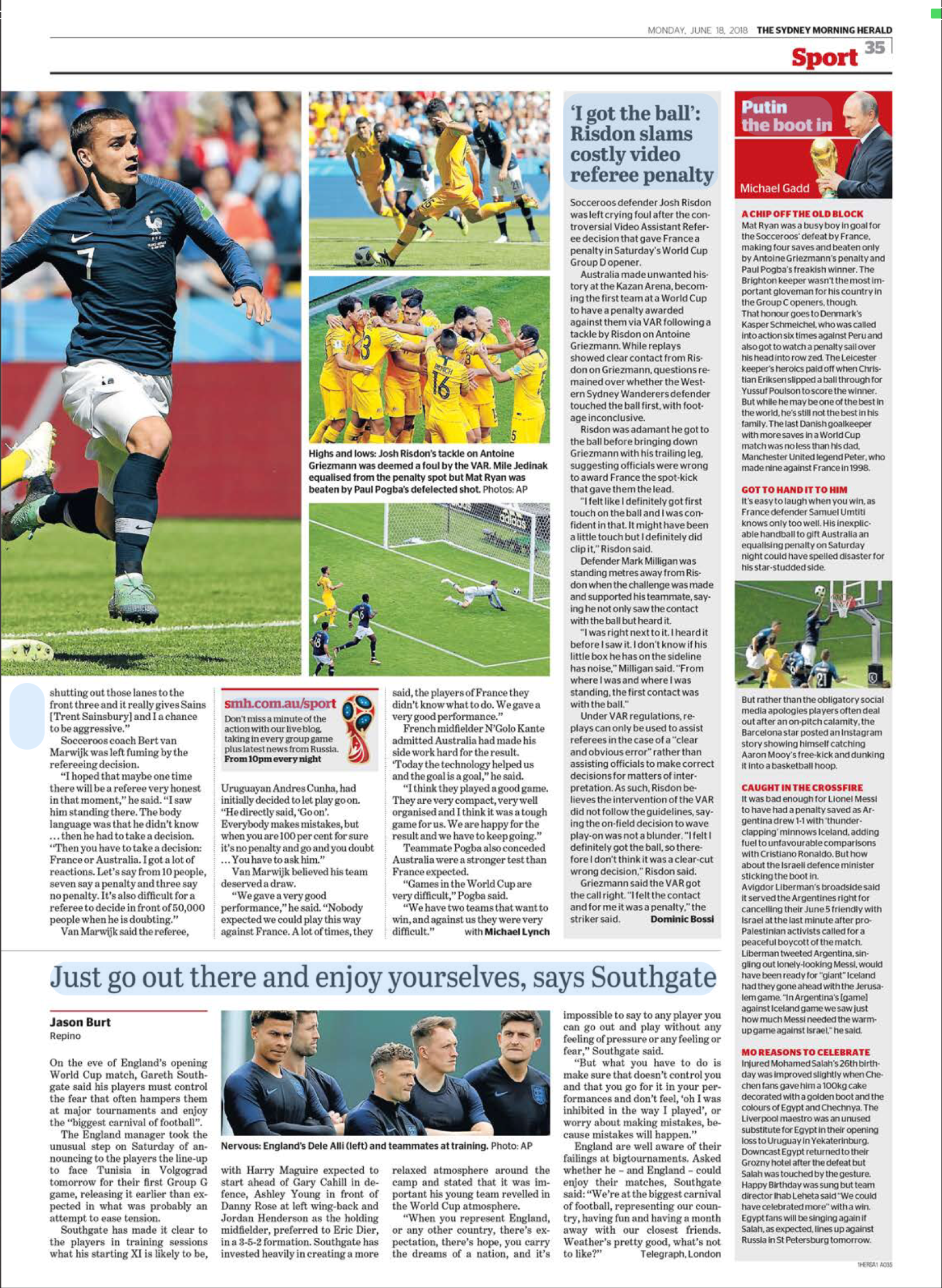 Page from Sydney Morning Herald sports section with three photos of soccer players, including a French player, Australia defenders, a story about goalkeeper Lionel Messi, and a photo of England's football team at a training session.