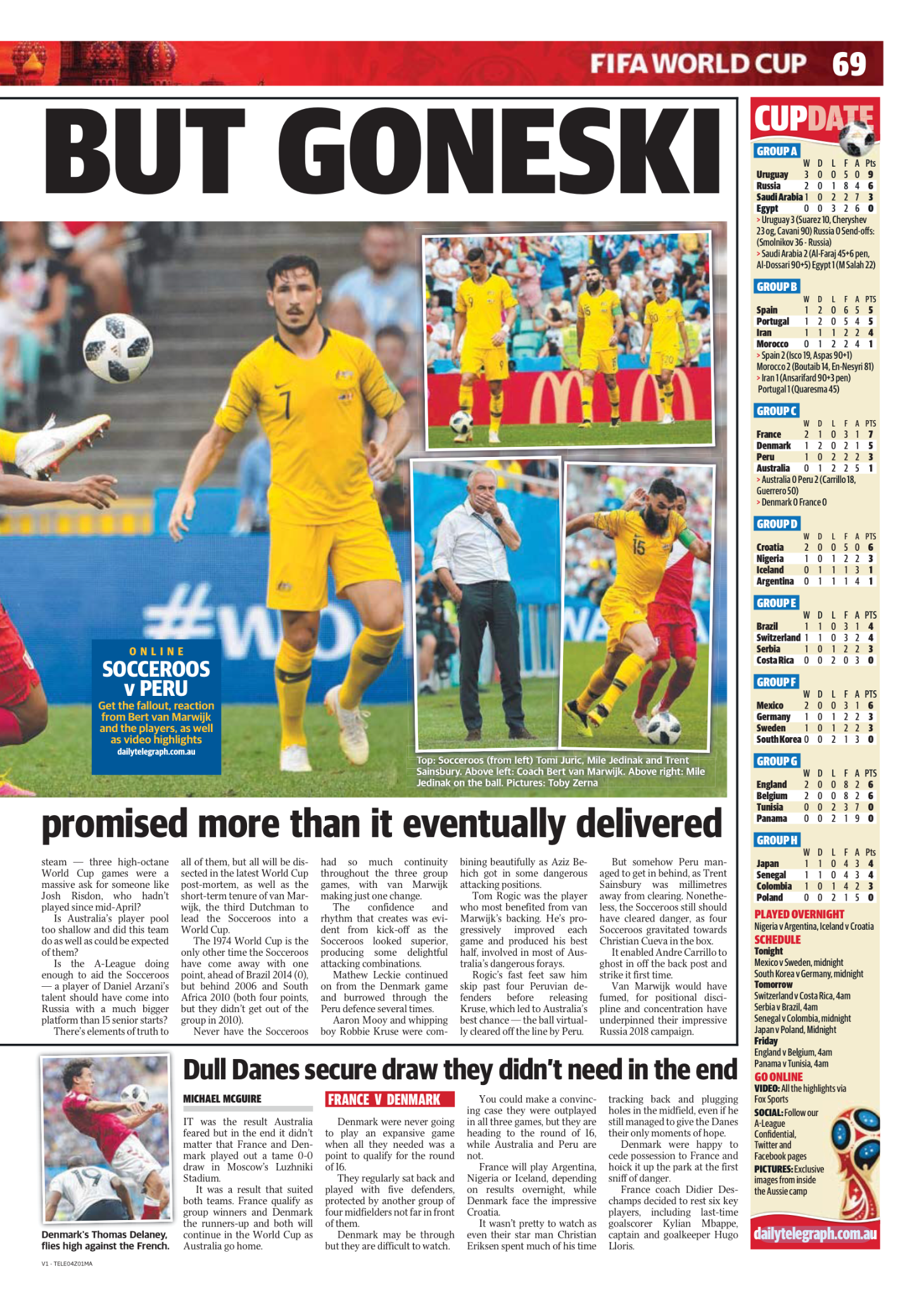 Front page of a newspaper featuring a story about a soccer match, with photos of players, a coach, and game highlights, along with standings and schedules