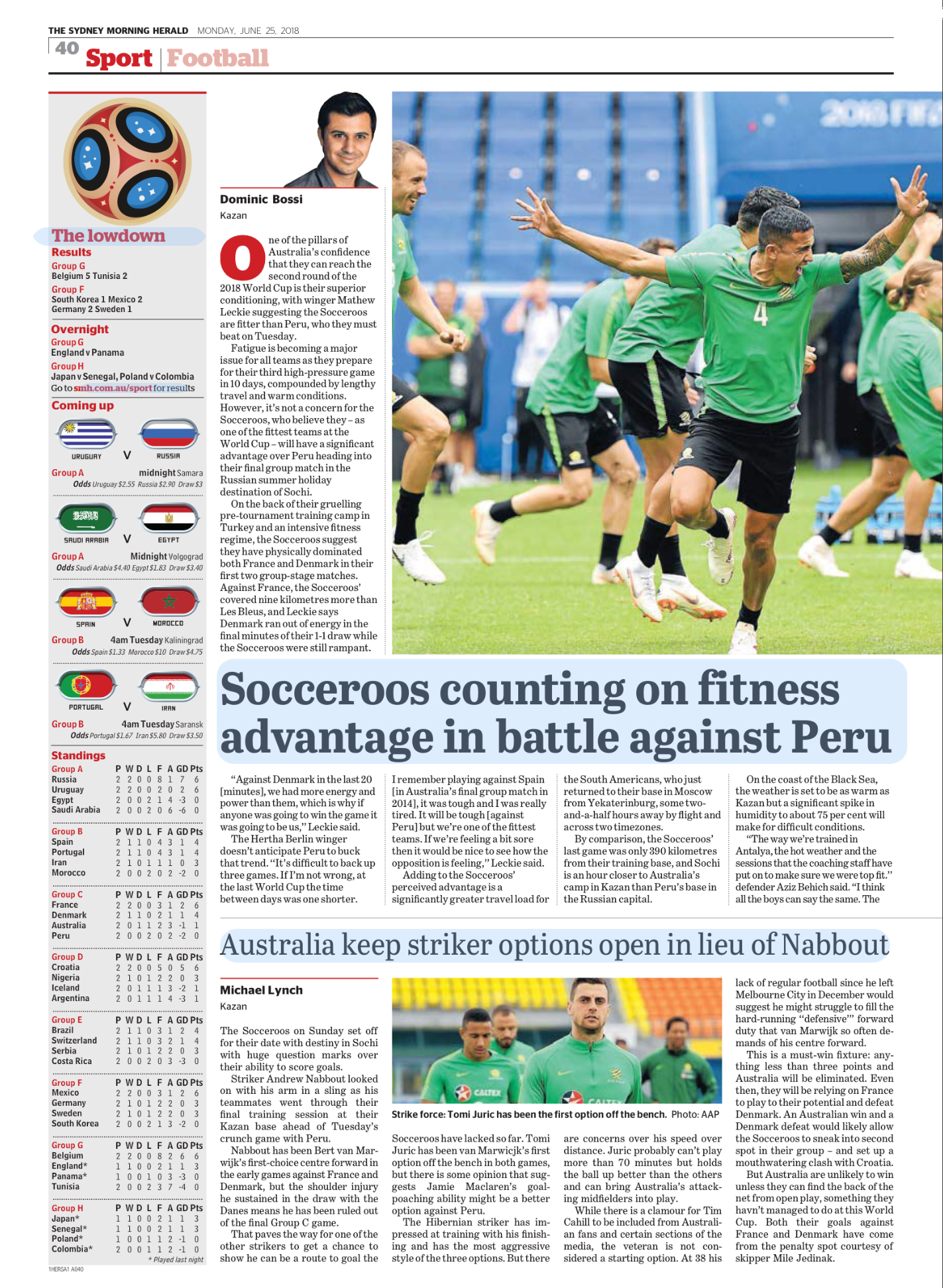 A newspaper article covering soccer, showing a large photo of players celebrating on the field, including a man in a green jersey with the number 4. The page includes match results, team standings, and a smaller photo of a player in a green training 