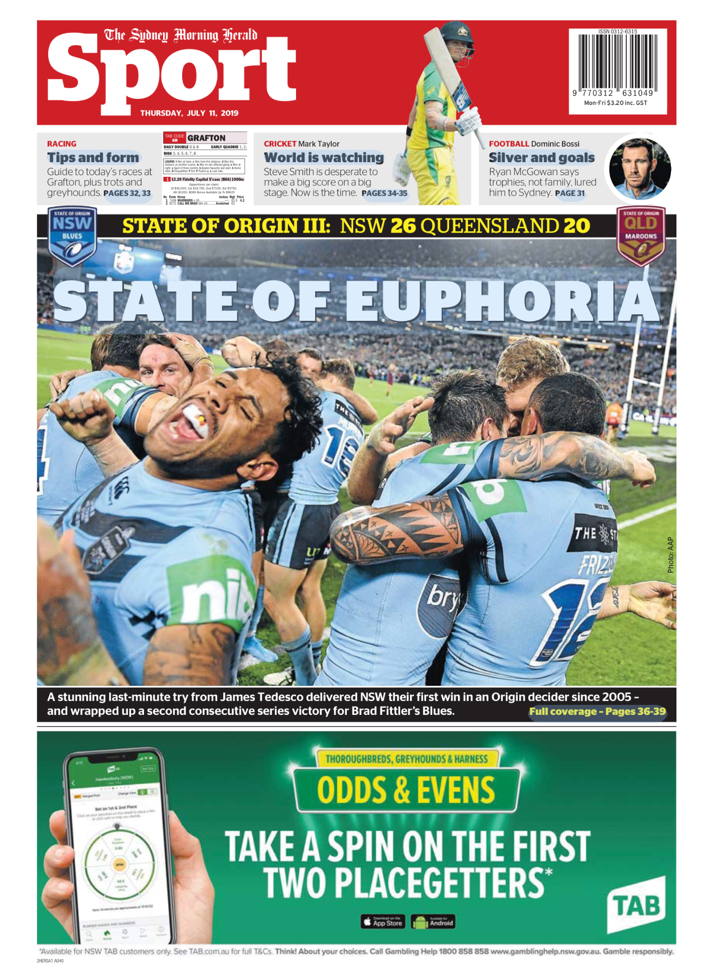 Front page of a newspaper featuring a photo of a sports team celebrating on the field, with text highlighting a rugby match result, and advertisements at the bottom.