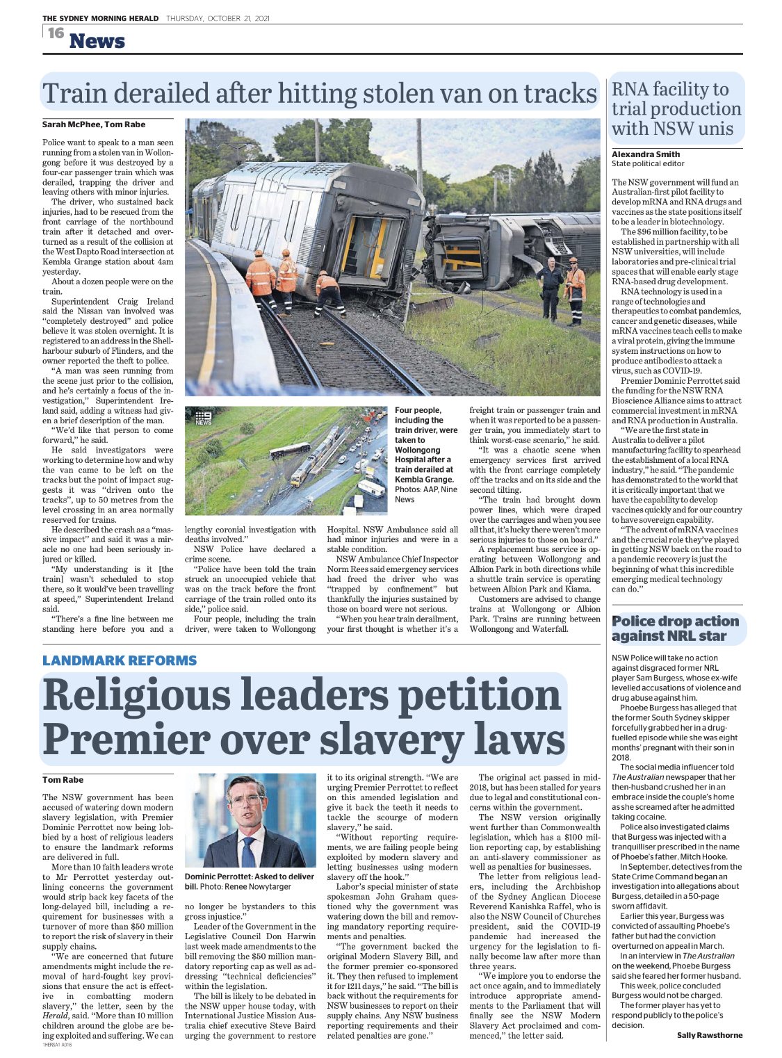 Newspaper page from The Sydney Morning Herald dated Thursday, October 21, 2021, featuring an article about a train derailment after hitting a stolen van on tracks, with a large photo of the derailed train and crew members inspecting the scene, and se