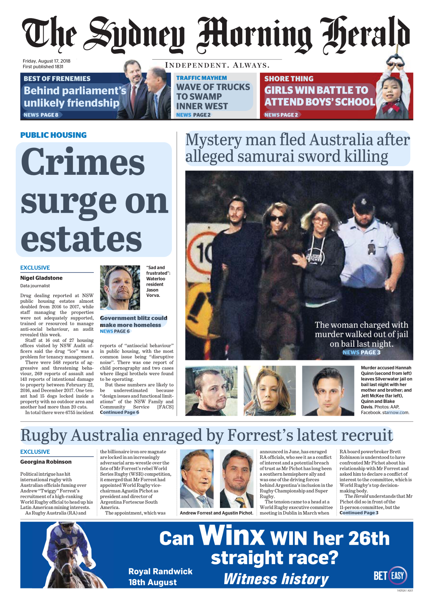 Front page of The Sydney Morning Herald newspaper dated Friday, August 17, 2018, with headlines about crimes on estates, a fugitive woman in jail, and Australian rugby news.
