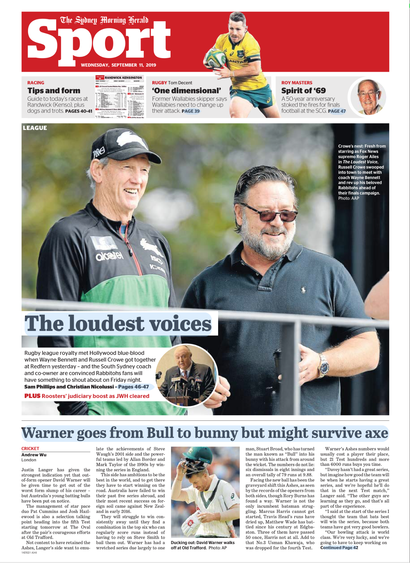 The front page of the Sydney Morning Herald Sport section from September 11, 2019, featuring a large photograph of rugby coach Wayne Bennett and Roger Ailes, along with headlines and articles about sports topics, including rugby, cricket, and rugby l