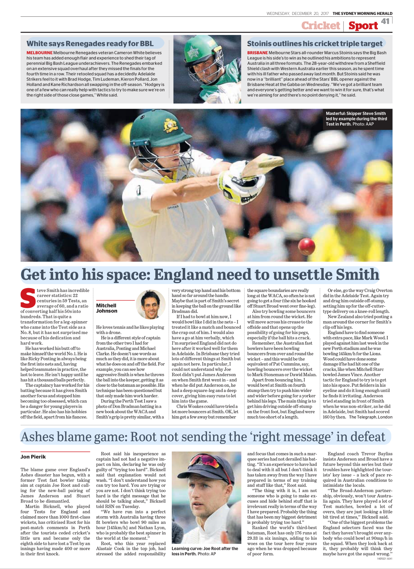 A newspaper page featuring articles about cricket. There is a large photograph of a cricket player in white uniform and green helmet during a game, with a crowd blurred in the background.