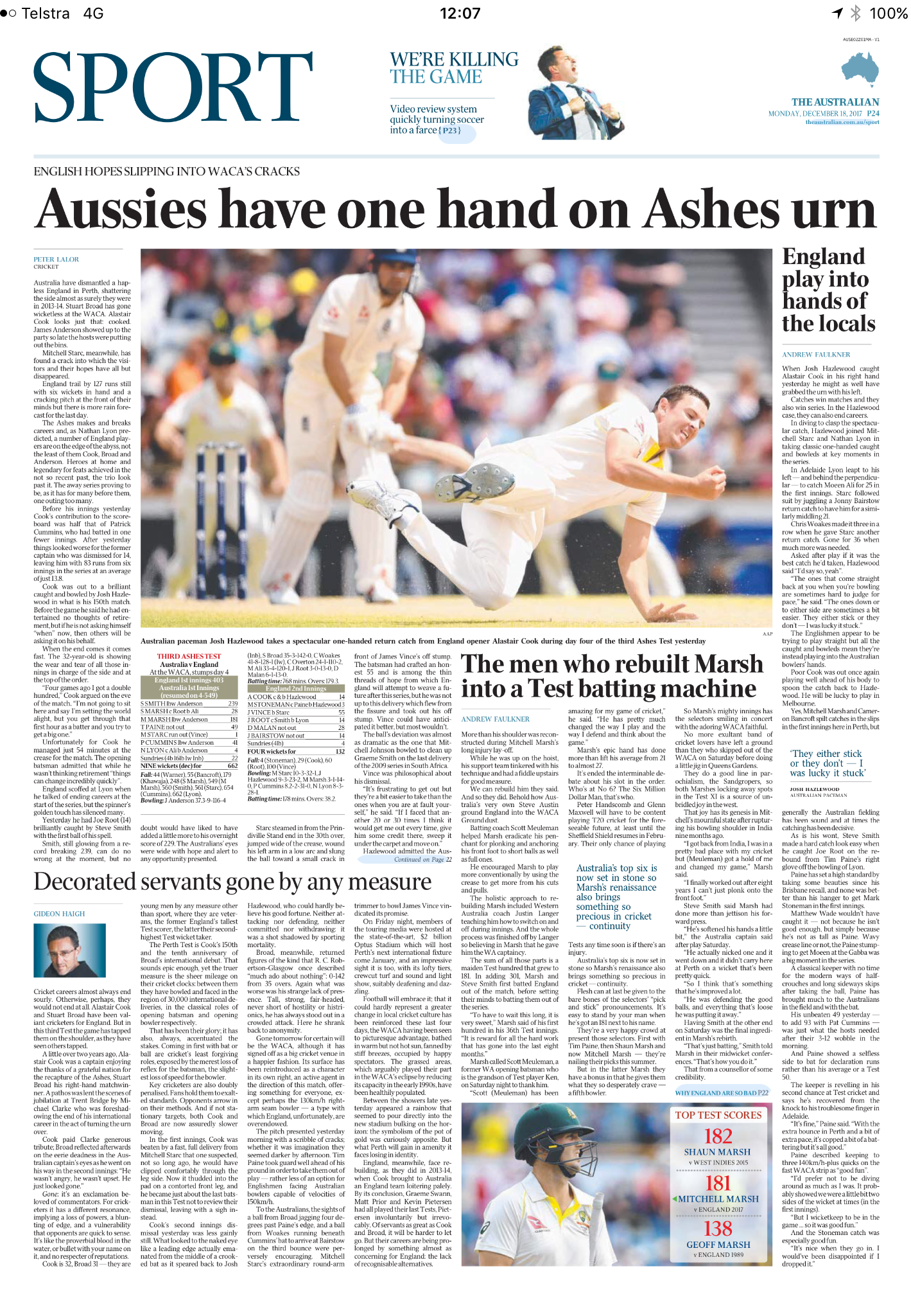 This is a sports newspaper page featuring a cricket match. The main headline reads 'Aussies have one hand on Ashes urn' with a large photo of an Australian cricket player diving or falling on the field during a match. Other articles discuss cricket a