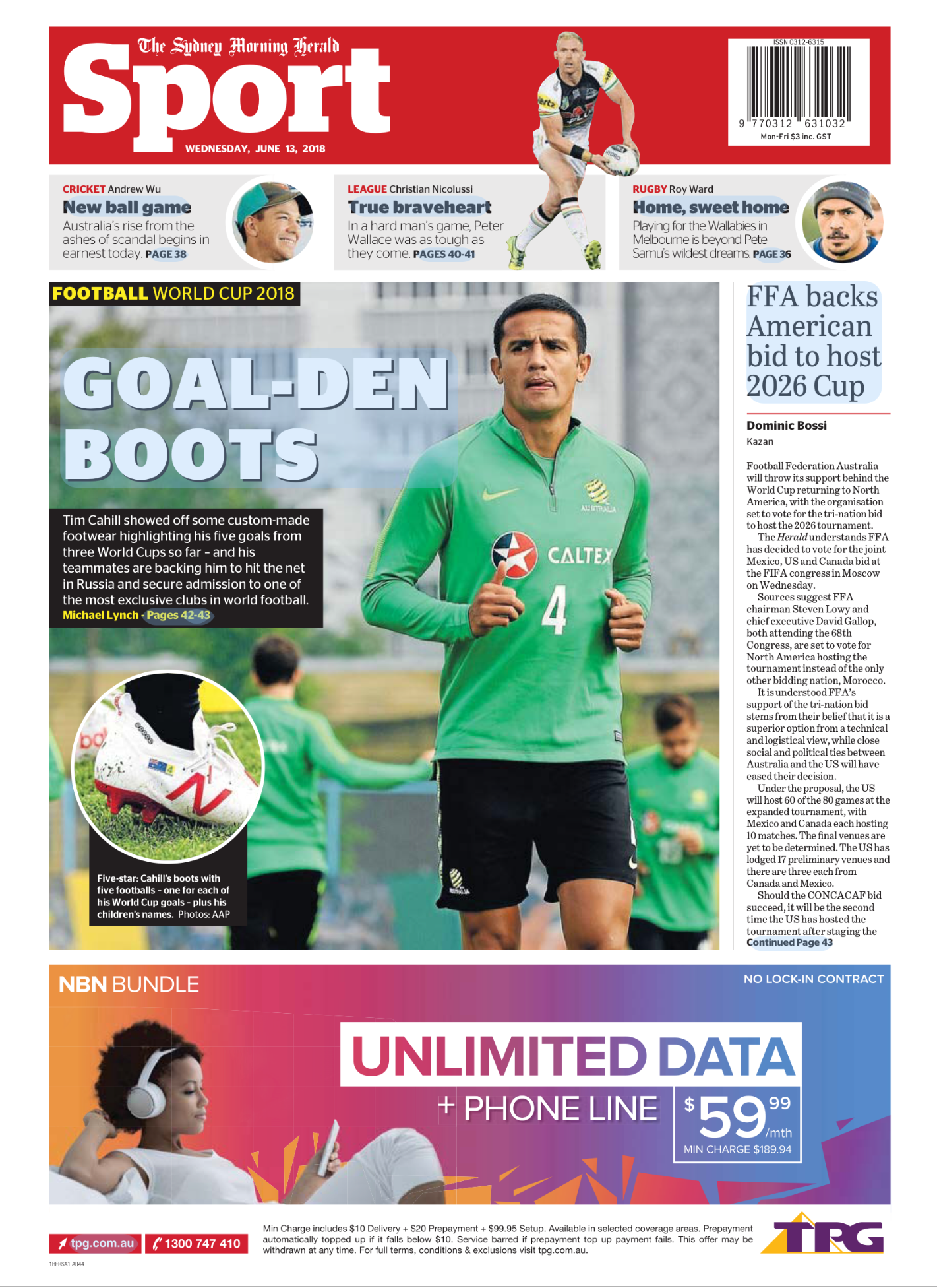 Front page of The Sydney Morning Herald Sport section, June 13, 2018, featuring images of athletes, headlines about football World Cup 2018, and an advertisement at the bottom.