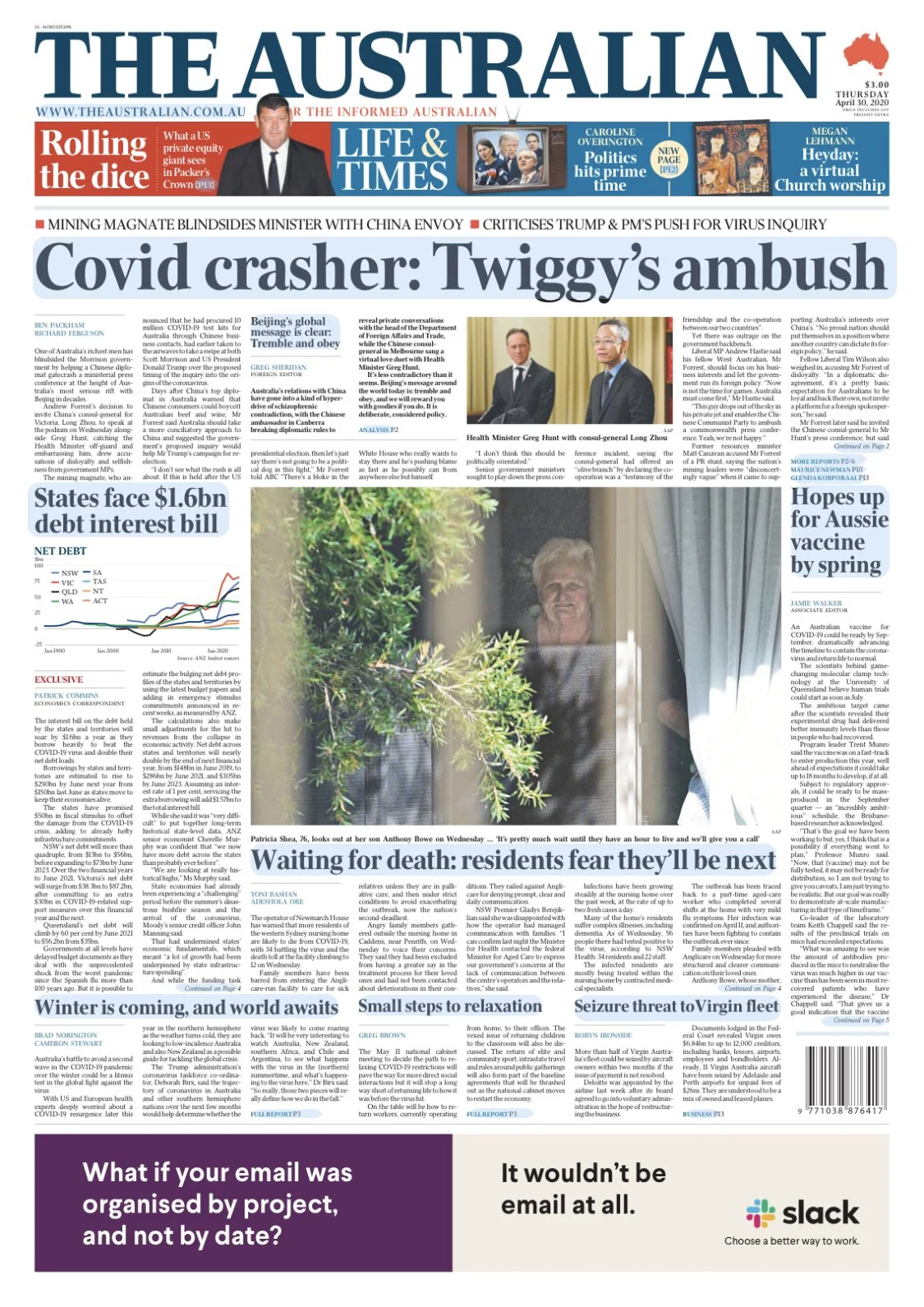 Front page of The Australian newspaper dated April 30, 2020, featuring headlines about Covid-19, political issues, and vaccine developments. Includes images of a man in a suit and an elderly woman behind a glass window.