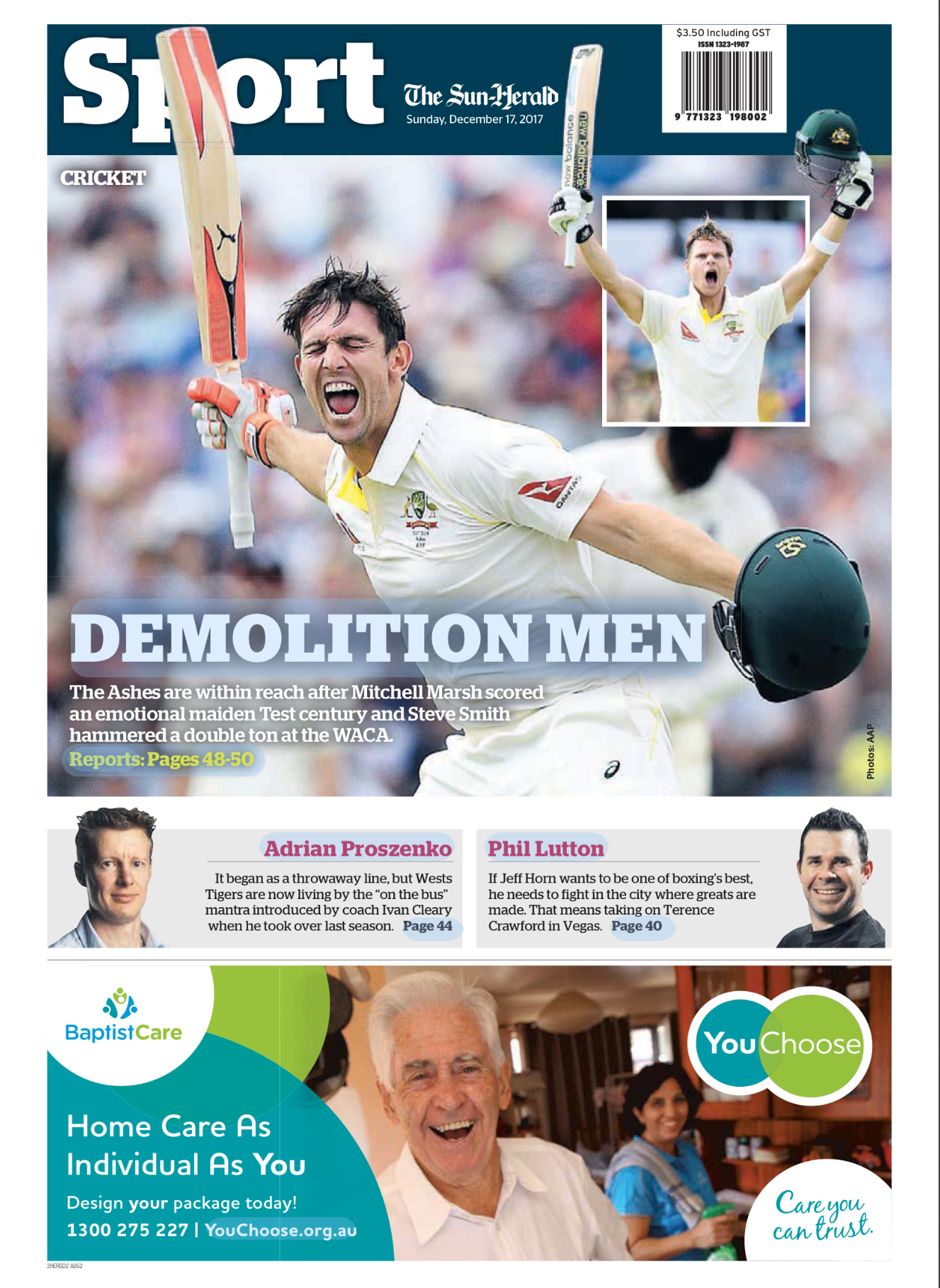 Cover of a sports section from The Sun-Herald newspaper dated December 17, 2017. Features an image of a cricketer celebrating on the field, with another inset photo of him raising his bat in victory. Headlines highlight cricket news and players, such