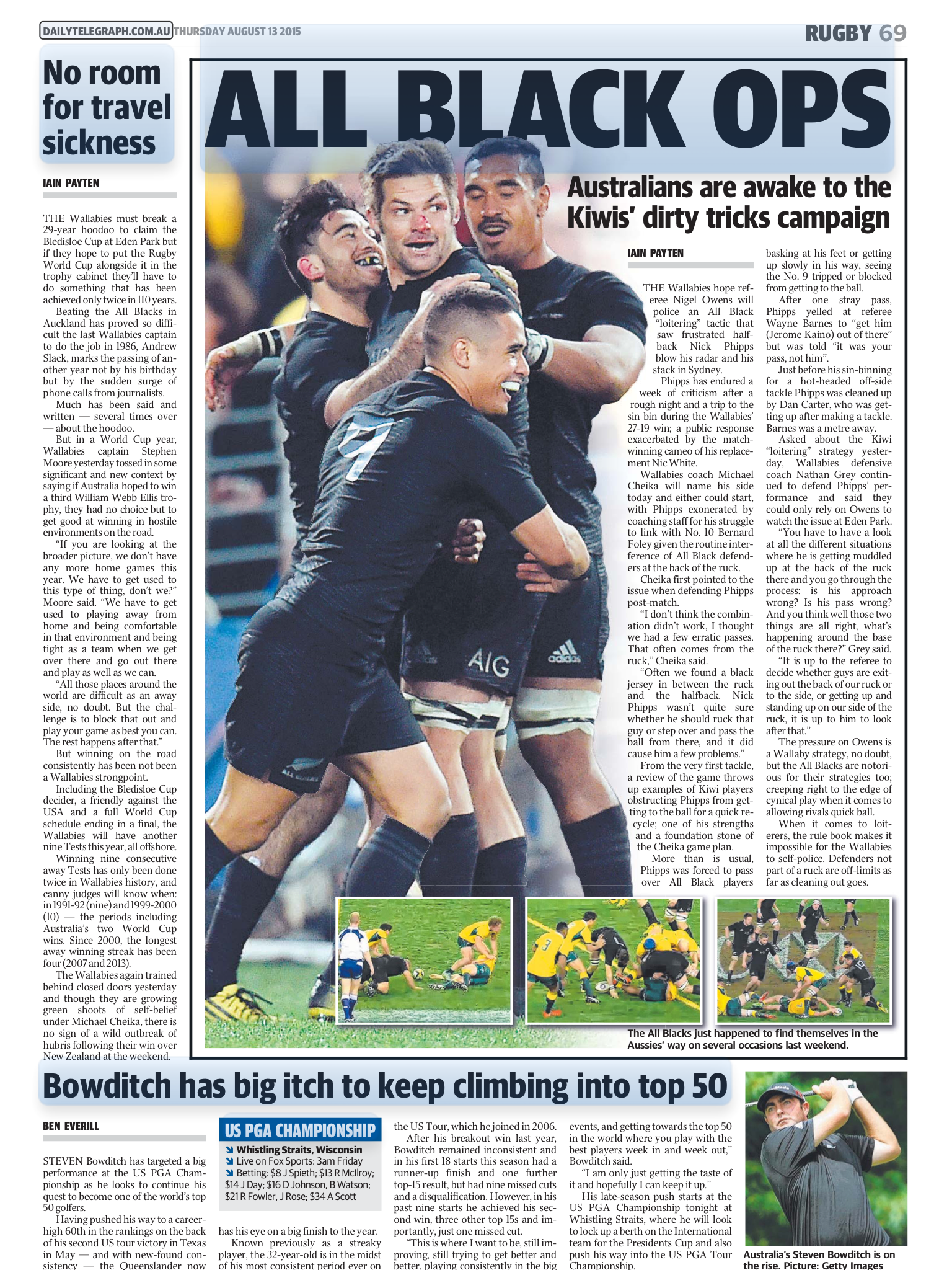 Front page of a newspaper featuring a rugby match and articles about rugby and other sports.