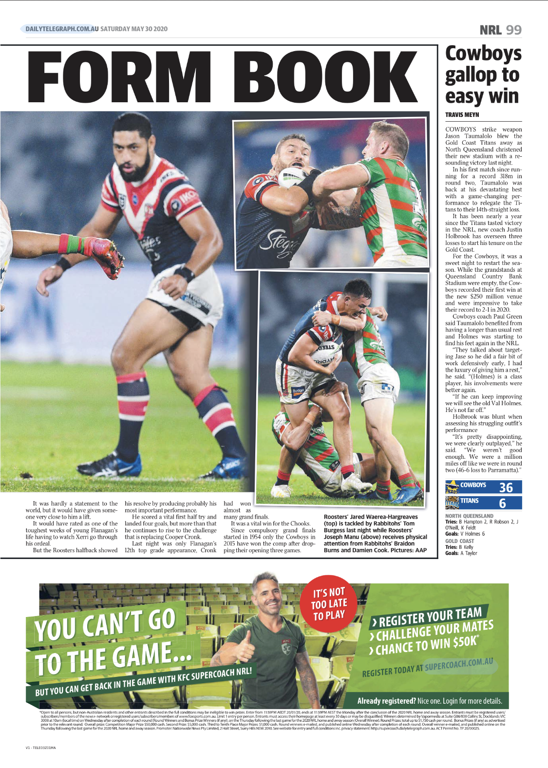A newspaper page featuring rugby match photos and articles, with a large headline reading 'FORM BOOK'. The photos depict rugby players in action, including tackling and holding the ball during a game, with some players wearing red, green, and blue je