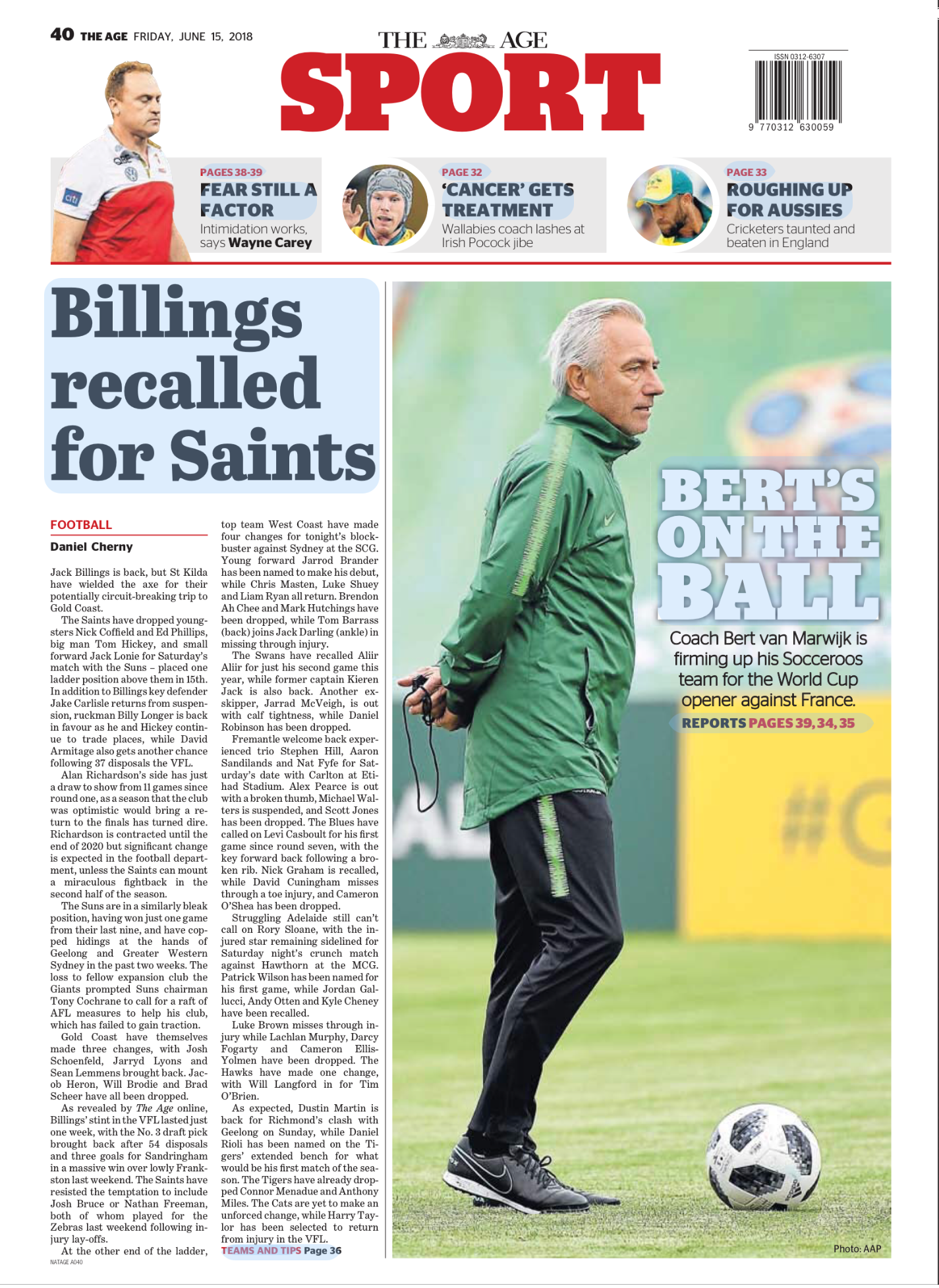Newspaper sports section page with a photo of a man in a green jacket on a field, holding a whistle and standing next to a soccer ball, with headlines about football team reappointments and soccer team coaching for the World Cup.