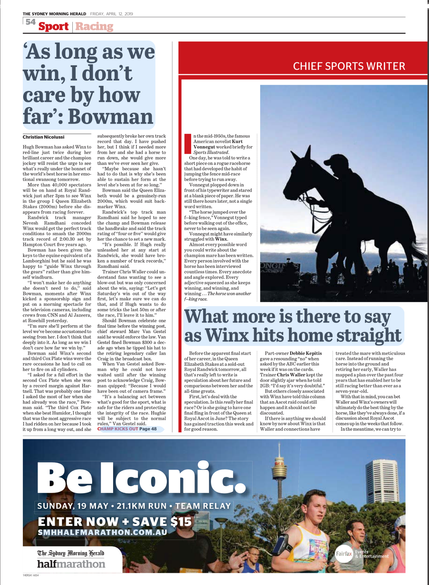 A newspaper page from the Sydney Morning Herald dated April 12, 2019. The page features sports articles about horse racing, including a quote from Hugh Bowman, and a large advertisement for a marathon event with runners participating outdoors.