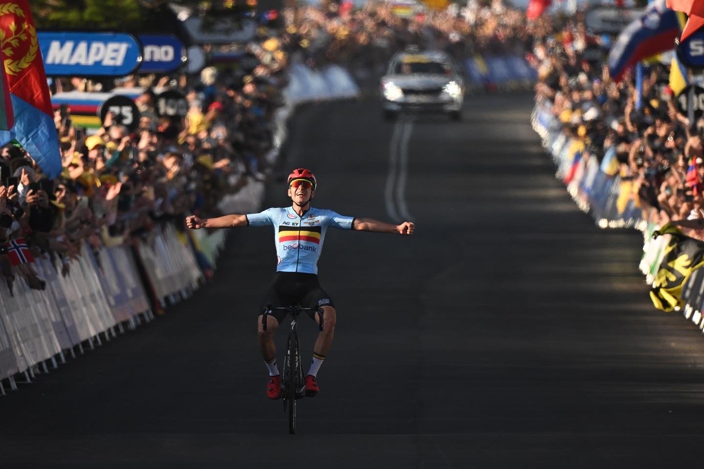 Remco Evenepoel of Belgium wins the gold medal in the Men’s Elite Road Race during the 2022 UCI Road World Championships in Wollongong, south of Sydney, Sunday, September 25, 2022.