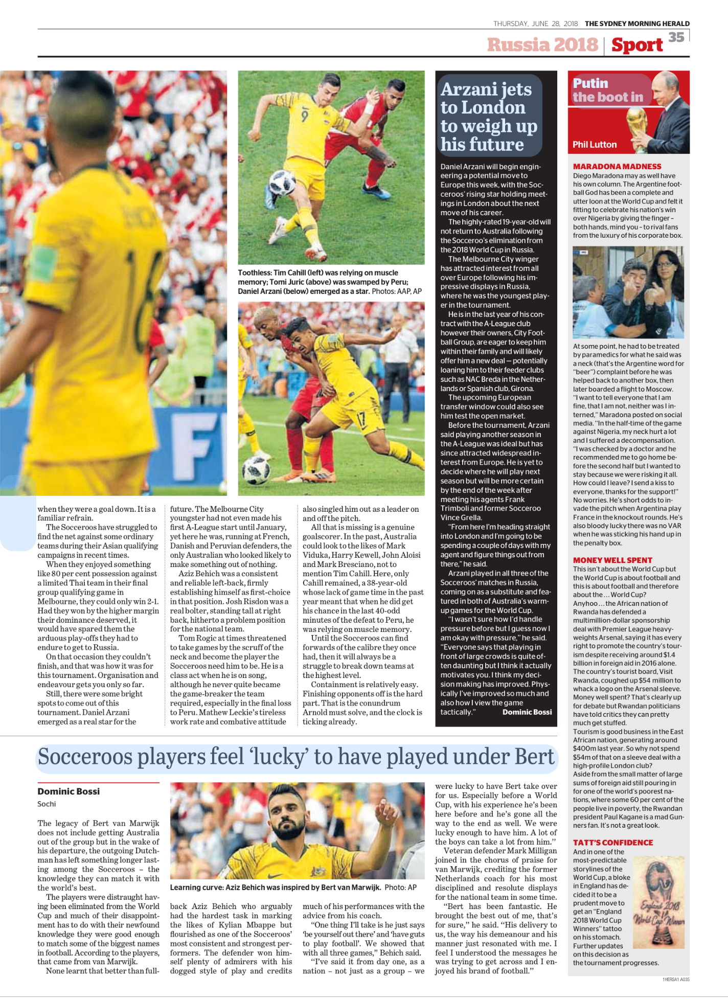 Newspaper sports article about soccer players Tim Cahill, Tomi Juric, and Daniel Arzani during matches at the 2018 World Cup, featuring images of the players in action, and a photo of Aziz Behich celebrating a goal.