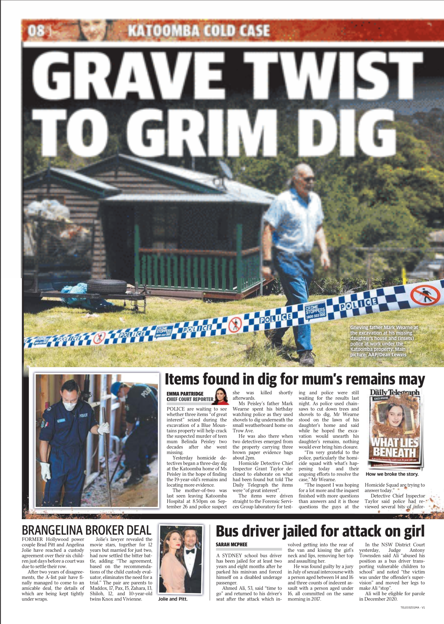 News article with a large headline 'Grave Twist to Grim Dig' showing police at a crime scene in a backyard, with police tape blocking the area, and people in protective gear investigating. Smaller images and texts related to other news stories are al