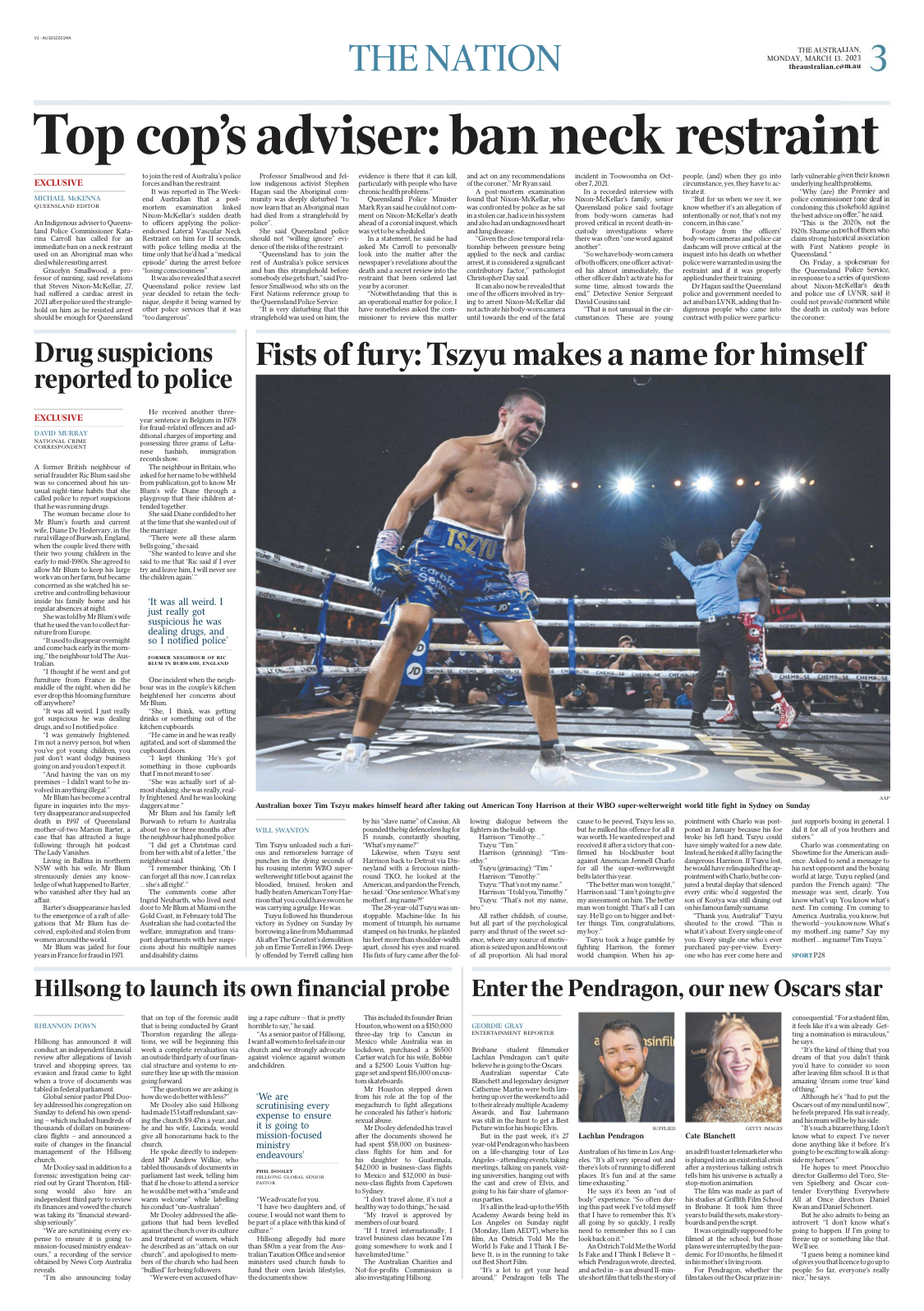 Newspaper page from The Australian, dated March 15, 2023, with headlines about police arrests, a boxing event, and a film award, featuring articles and a large photo of a boxer in the ring.