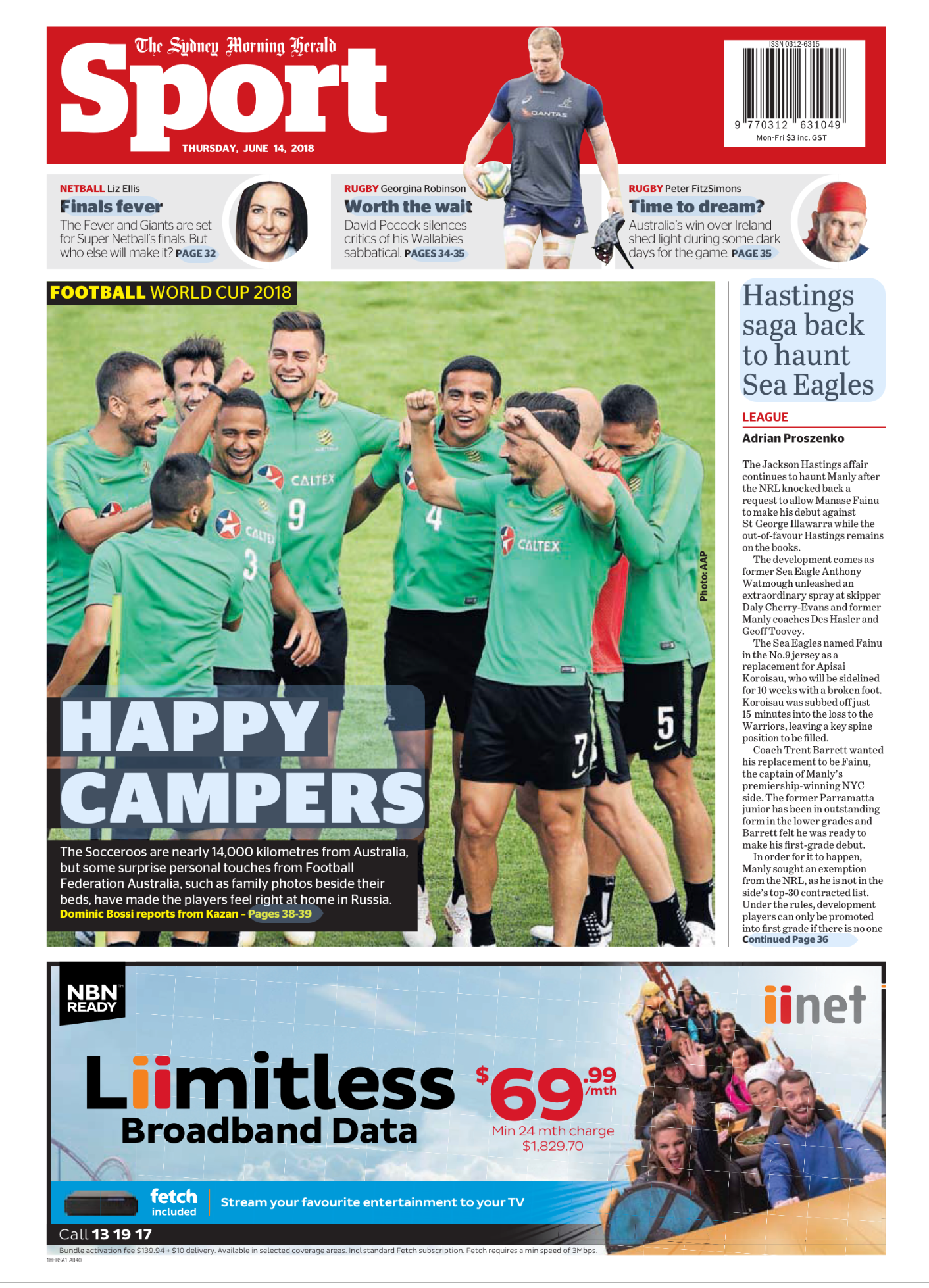 Front page of the Sydney Morning Herald Sport newspaper, June 14, 2018, featuring a photo of Australian soccer players celebrating on the field, with headlines about the FIFA World Cup 2018 and other sports stories.
