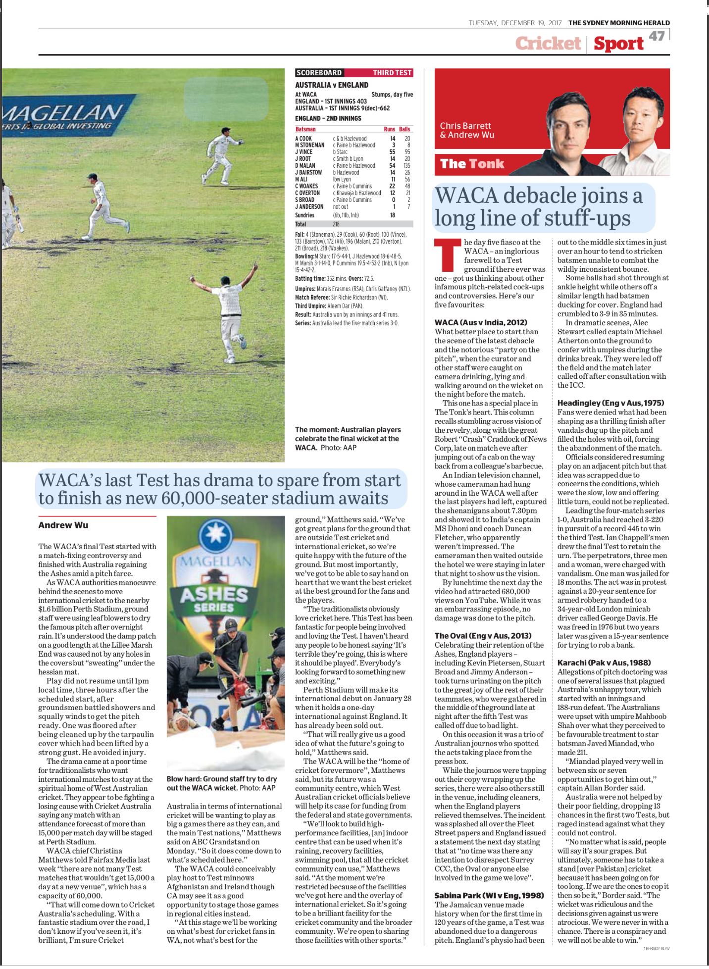 Australian cricket players celebrating the final wicket at the WACA cricket stadium.