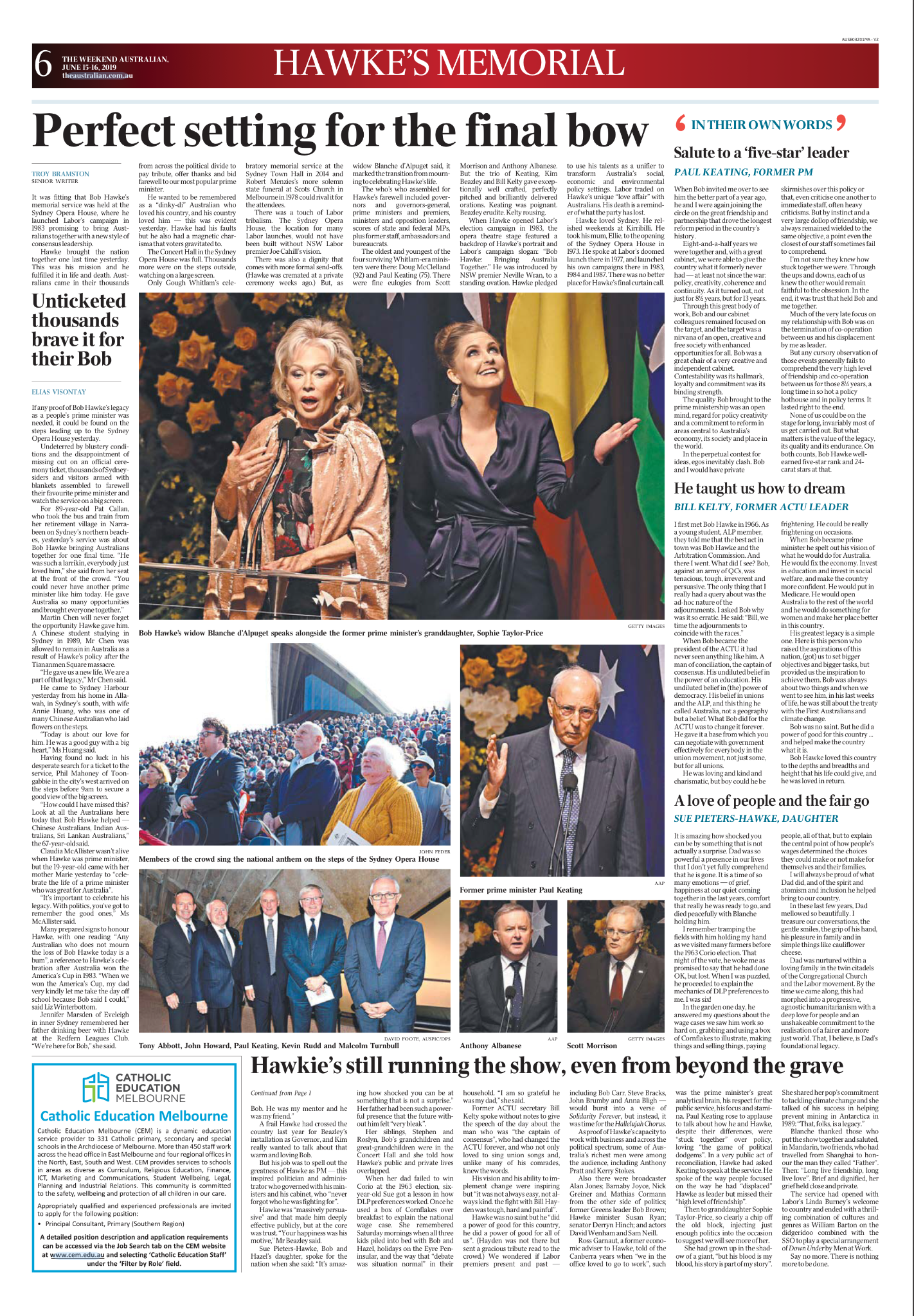 Photograph of a newspaper page featuring an article about Hawke's Memorial with images of Bob Hawke's widow Blanche de Alpuget, former prime minister Paul Keating, and members of a crowd at an outdoor event.