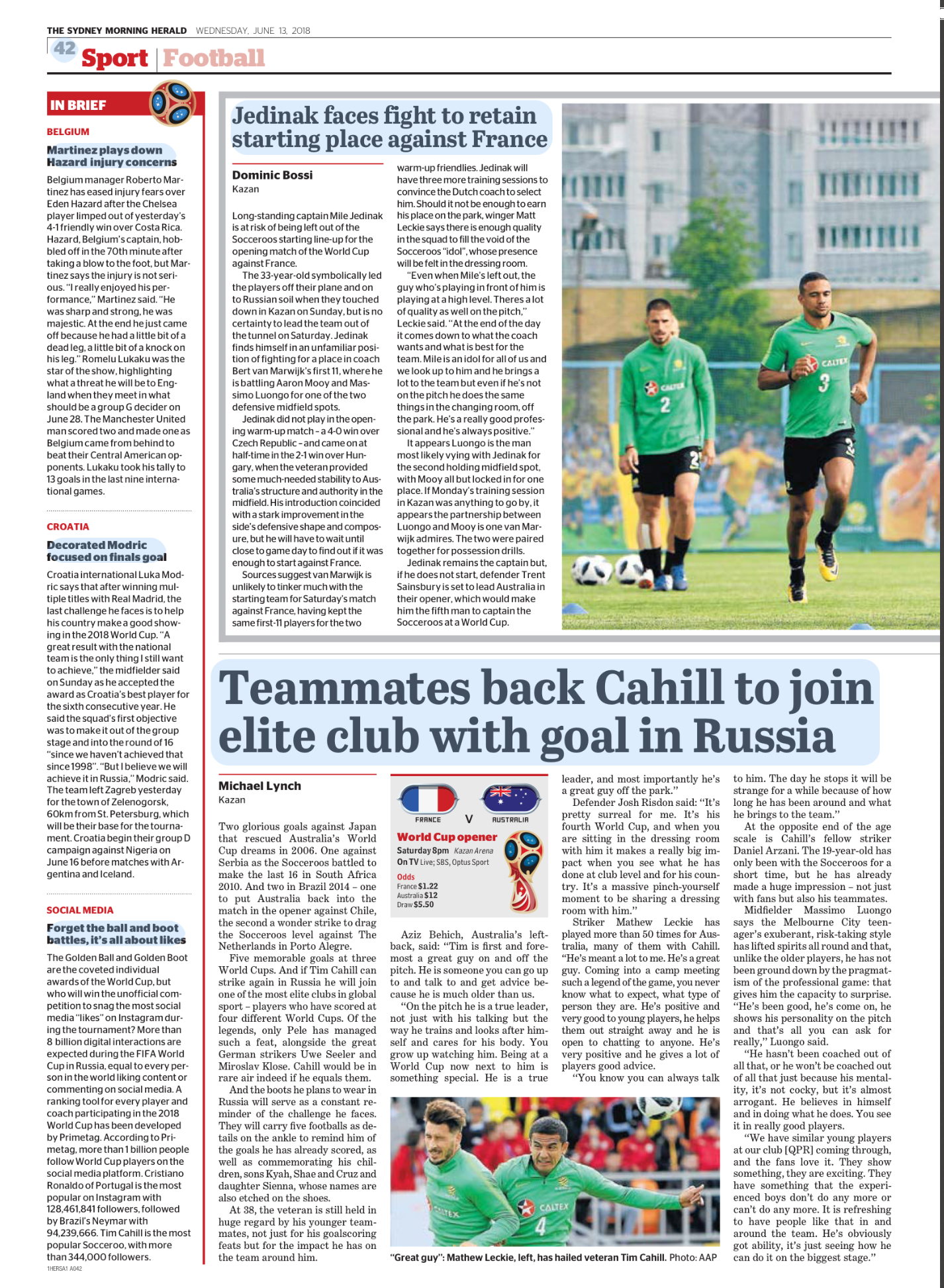 Front page of a sports newspaper featuring articles about football. The main stories discuss Jedinak returning to the Australian national team to fight for a starting position against France, and Cahill rejoining an elite club with a goal in Russia. 