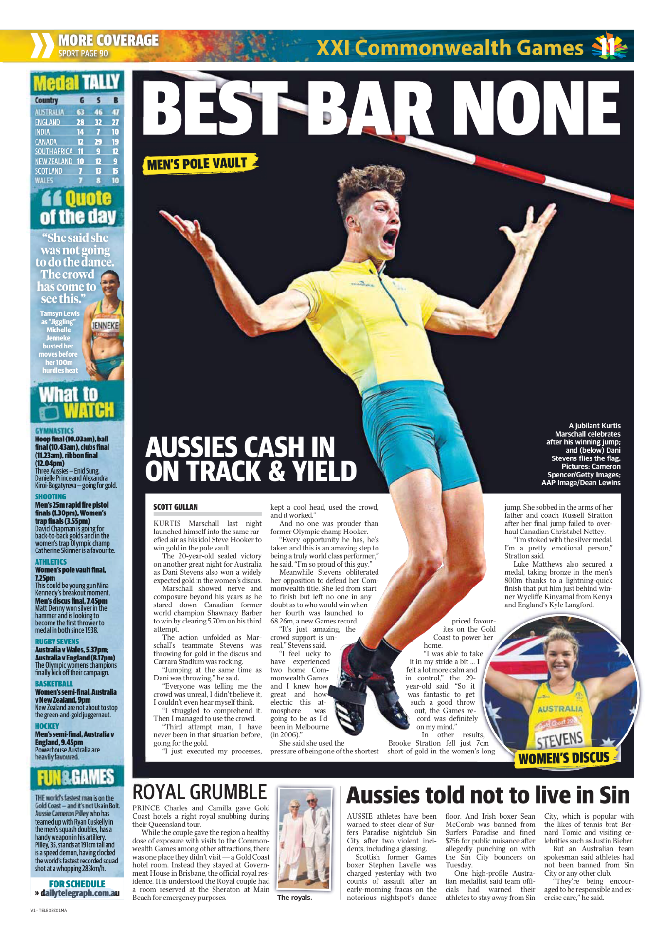 A newspaper page with the headline 'Best Bar None' and a large photo of a male athlete in yellow and blue uniform celebrating after winning, holding a pole and surrounded by text about the Commonwealth Games and Australian athletes.