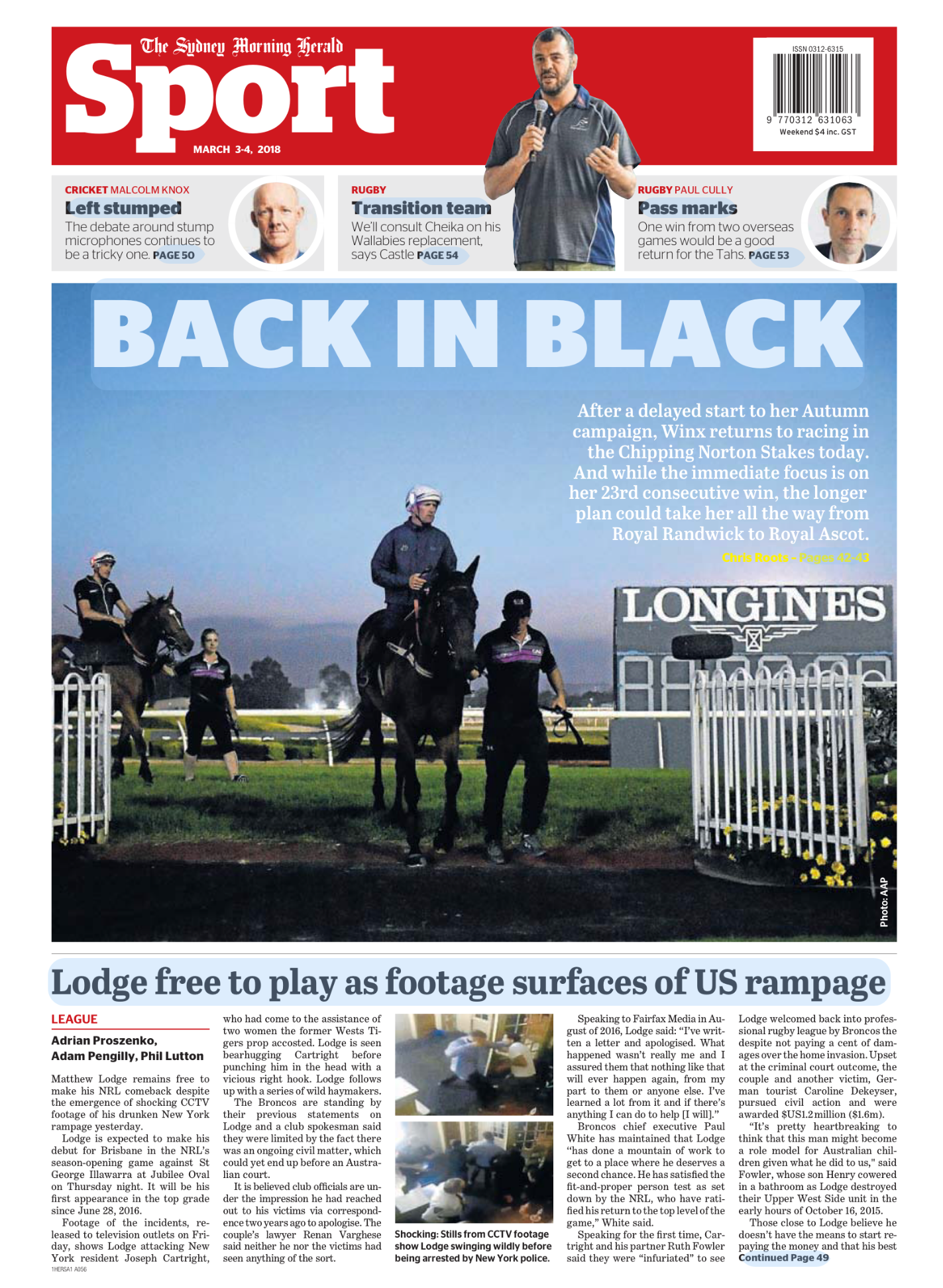 Front page of the Sydney Morning Herald Sport section, dated March 3-4, 2018, featuring a large photo of a jockey on horseback at the Royal Randwick racecourse during twilight, with a Longines advertisement in the background. The headline reads 'BACK