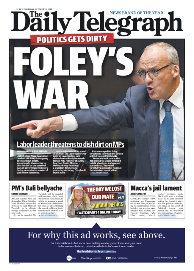 Front page of The Daily Telegraph newspaper featuring a large headline about political conflict involving a person named Foley, with a photo of a man in a suit pointing and shouting.