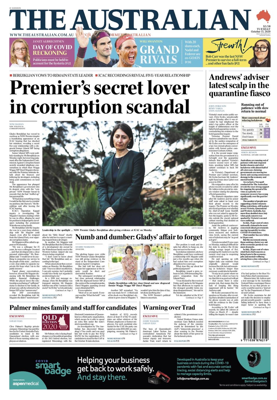 Newspaper front page of The Australian, dated October 13, 2020, featuring headlines about a corruption scandal involving Premier Gladys Berejiklian, an image of her, and other news stories including COVID-19 and political updates.