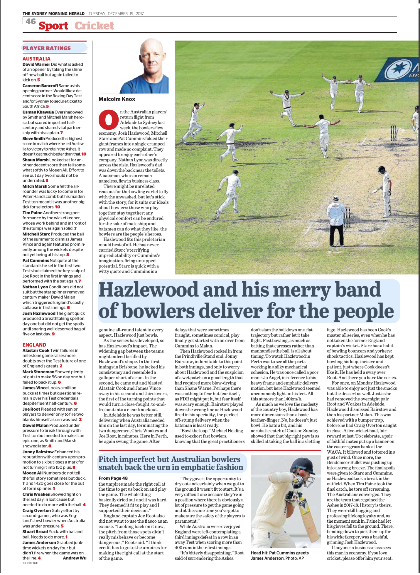 Photo of Australian cricket players on the field during a match, with the bowler throwing the ball and the batsman preparing to hit, taken from a newspaper article.