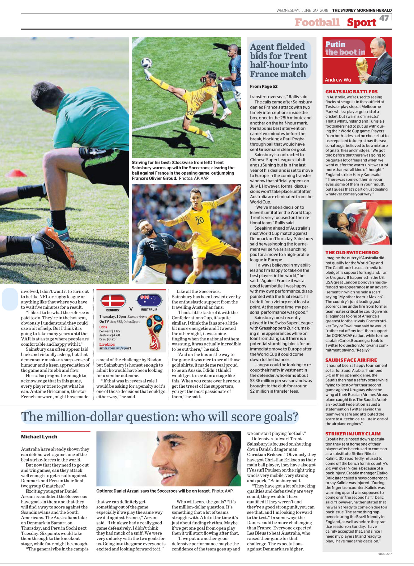 People playing soccer and a person kneeling on the grass, possibly injured or resting, on a sports newspaper page.