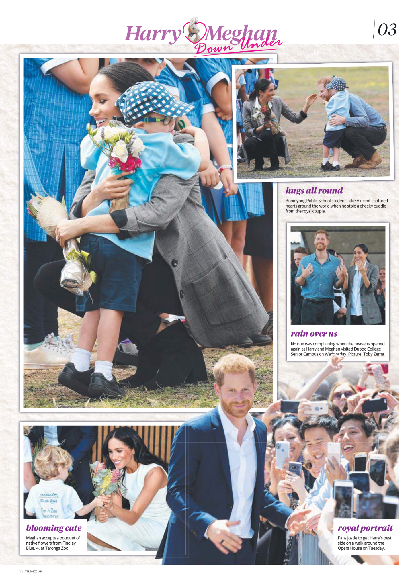 Collage of photos featuring Meghan Markle and Prince Harry. The main photo shows Meghan hugging a young boy from behind during a public event. Additional images include Meghan and Harry sharing a moment on a field, a portrait of Harry walking past fa