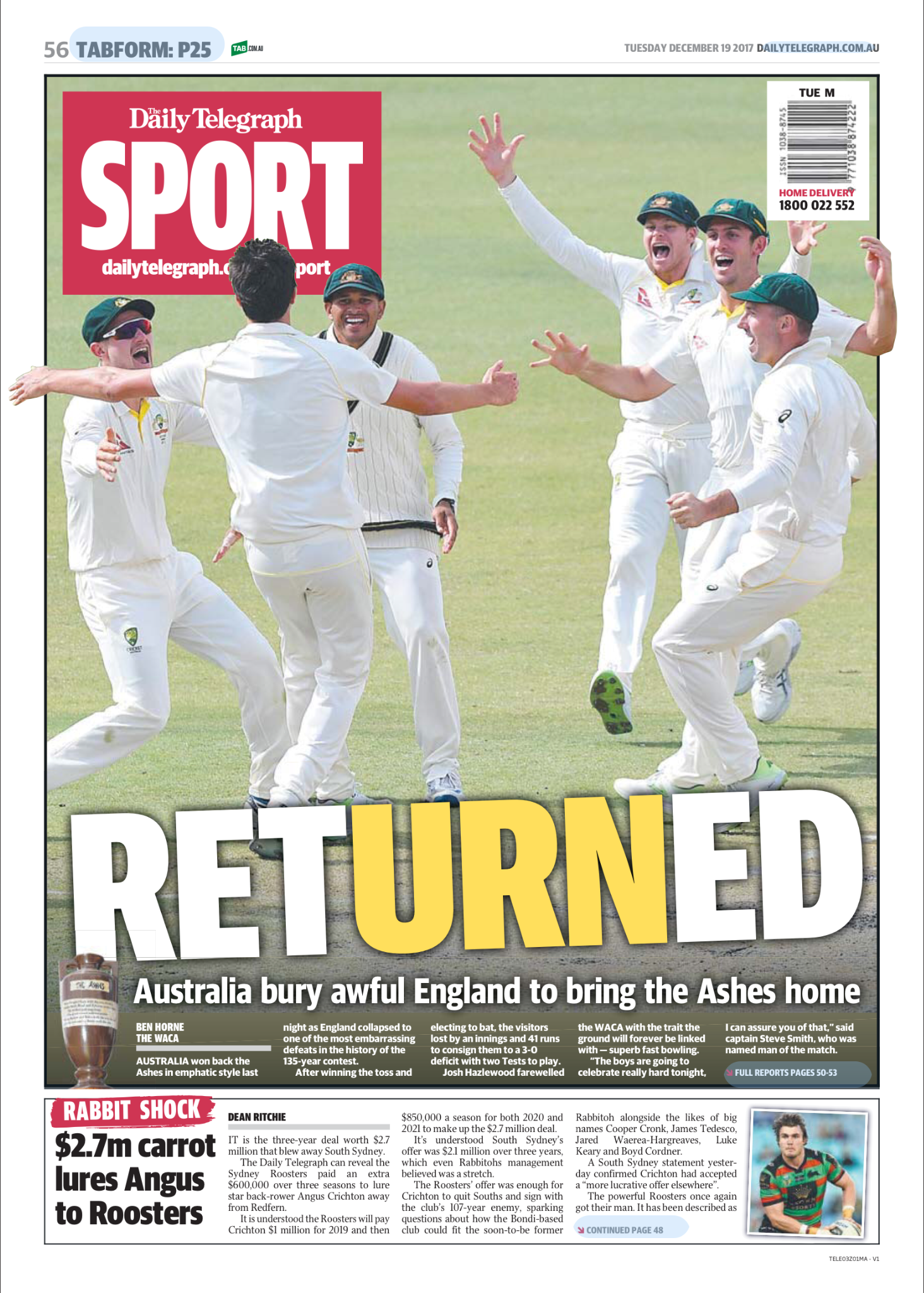 Australian cricket team celebrating on the field after a victory, with smiles and gestures of joy.