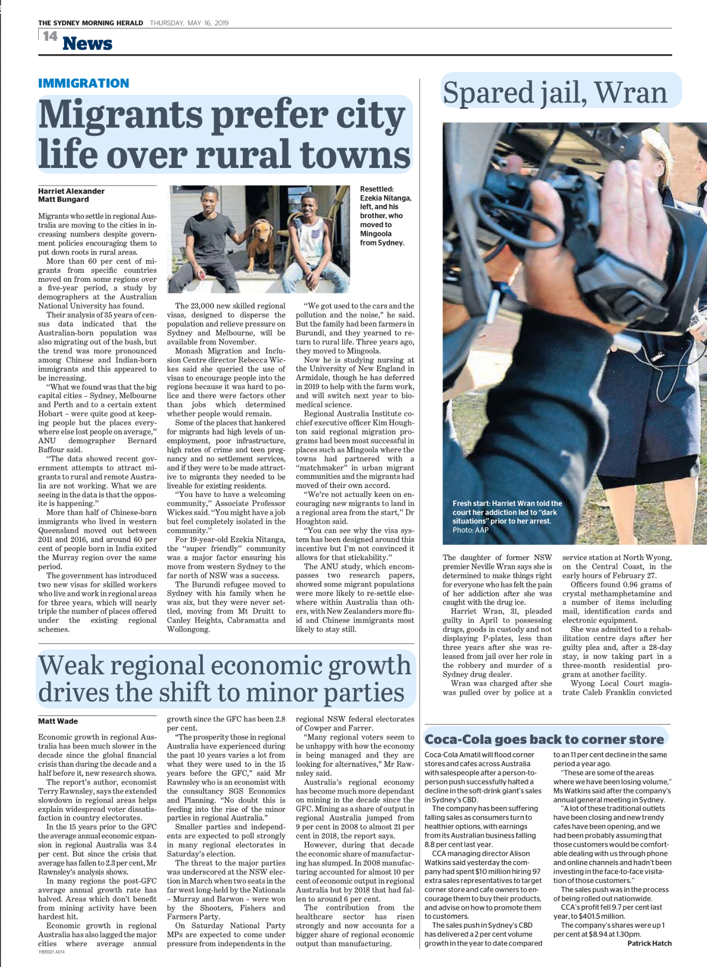 Newspaper page featuring articles about immigration, regional economic growth, and Coca-Cola returning to a corner store, with a photo of a person in handcuffs during arrest and a smaller photo of a dog with two young men.