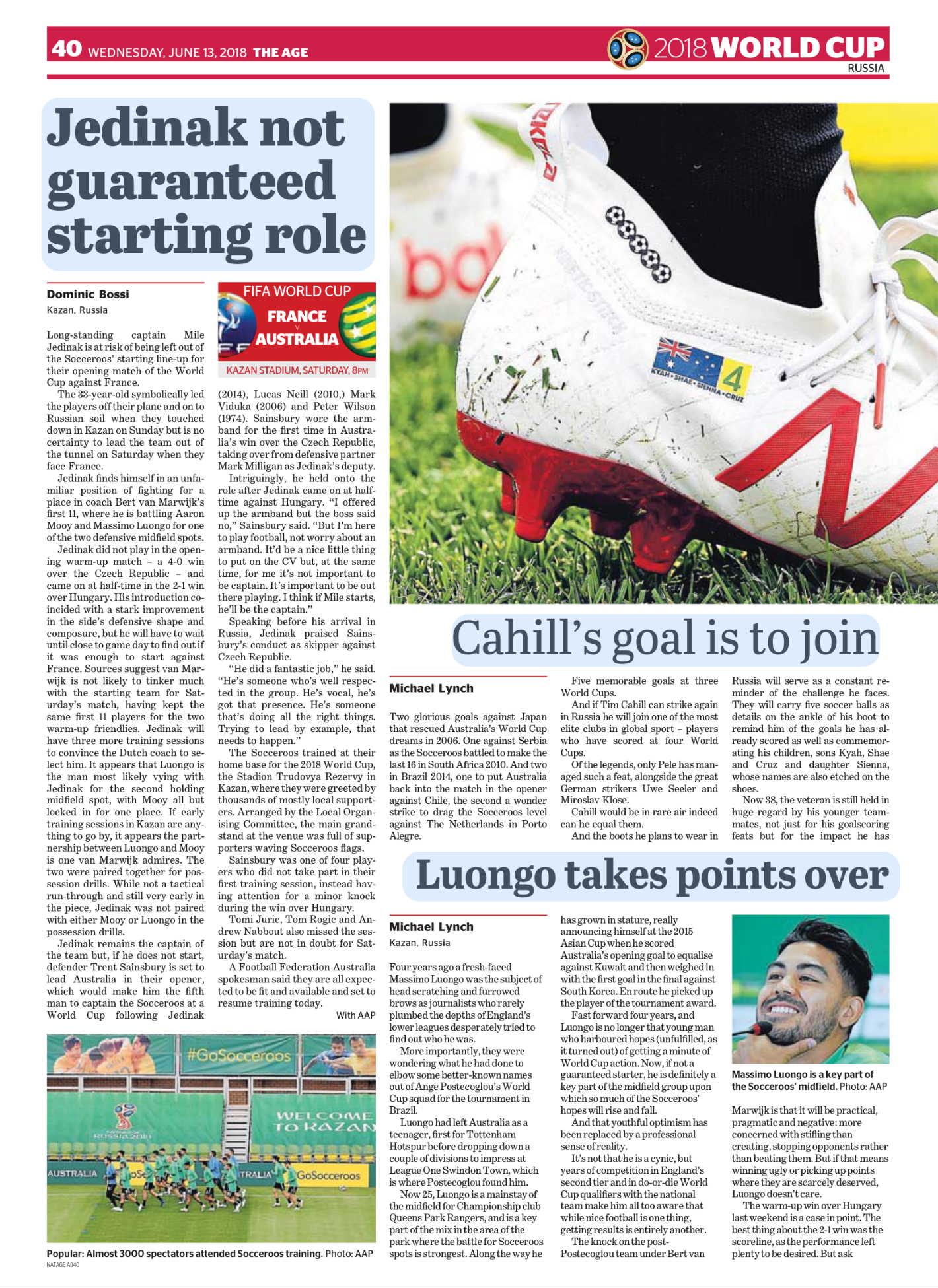 Close-up of a white soccer cleat on green grass, with a Portuguese flag and the number 4 sticker attached, celebrating a World Cup match.