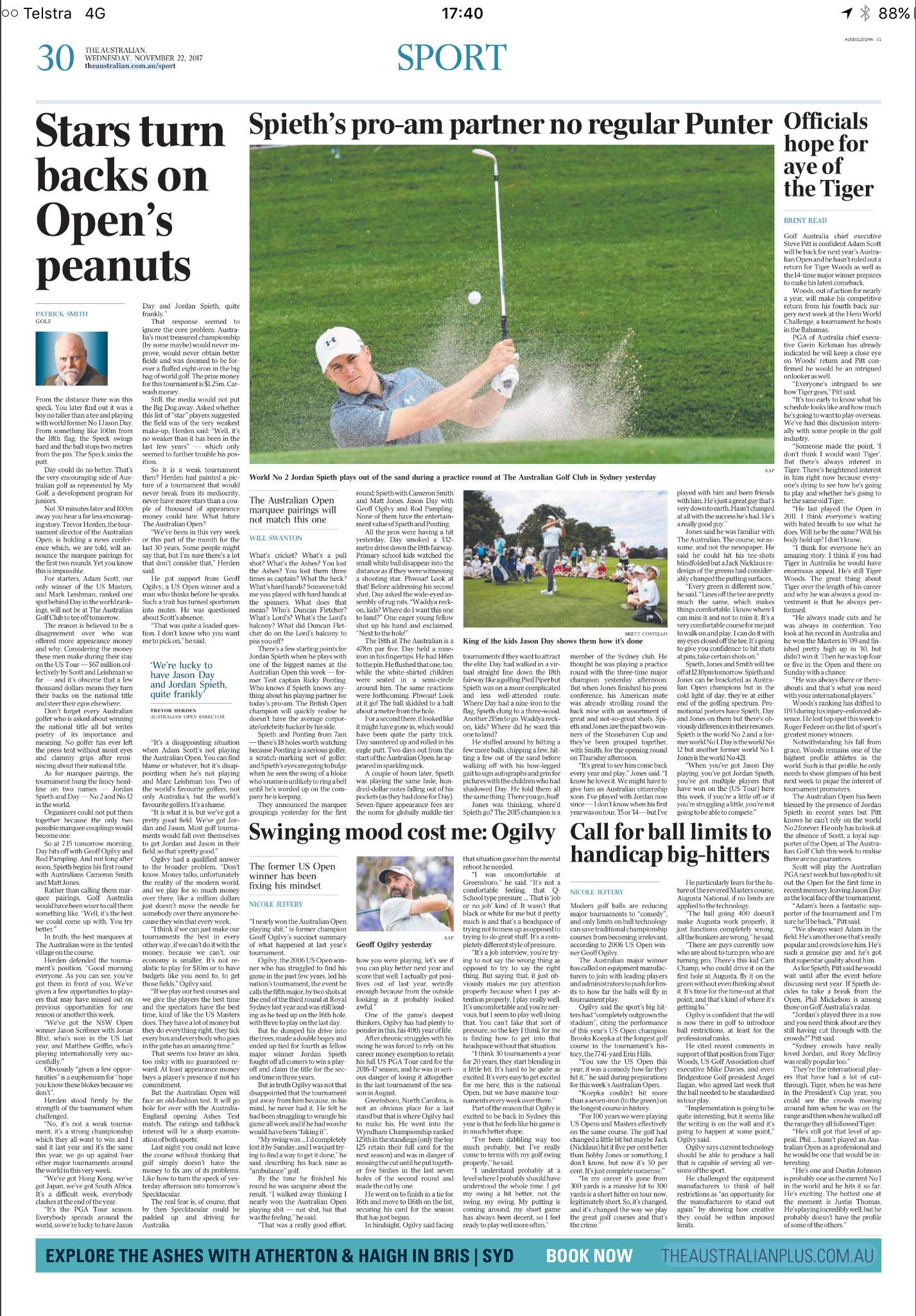 Australian newspaper sports page featuring articles about golf, including a large photo of a golfer in mid-swing on the course.