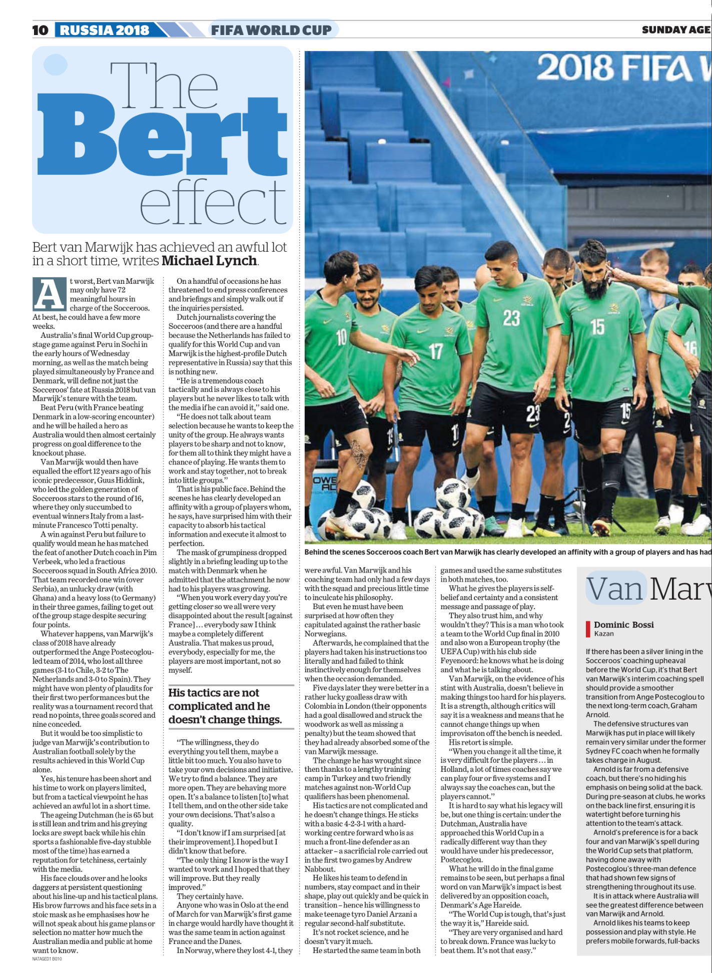 Newspaper article titled 'The Bert effect' about Dutch football coach Bert van Marwijk's influence on the Dutch soccer team during the 2018 FIFA World Cup in Russia, featuring a photograph of soccer players in green jerseys huddled on the field.