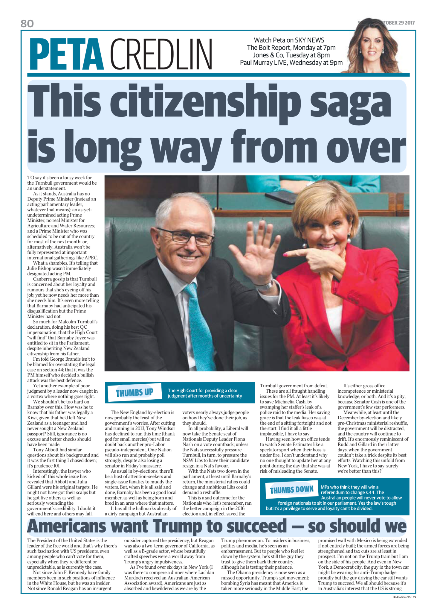 Front page of a newspaper with a headline about citizenship saga, featuring a large photo of two smiling politicians, a man with glasses and a woman in a red blazer, seated in a government setting.