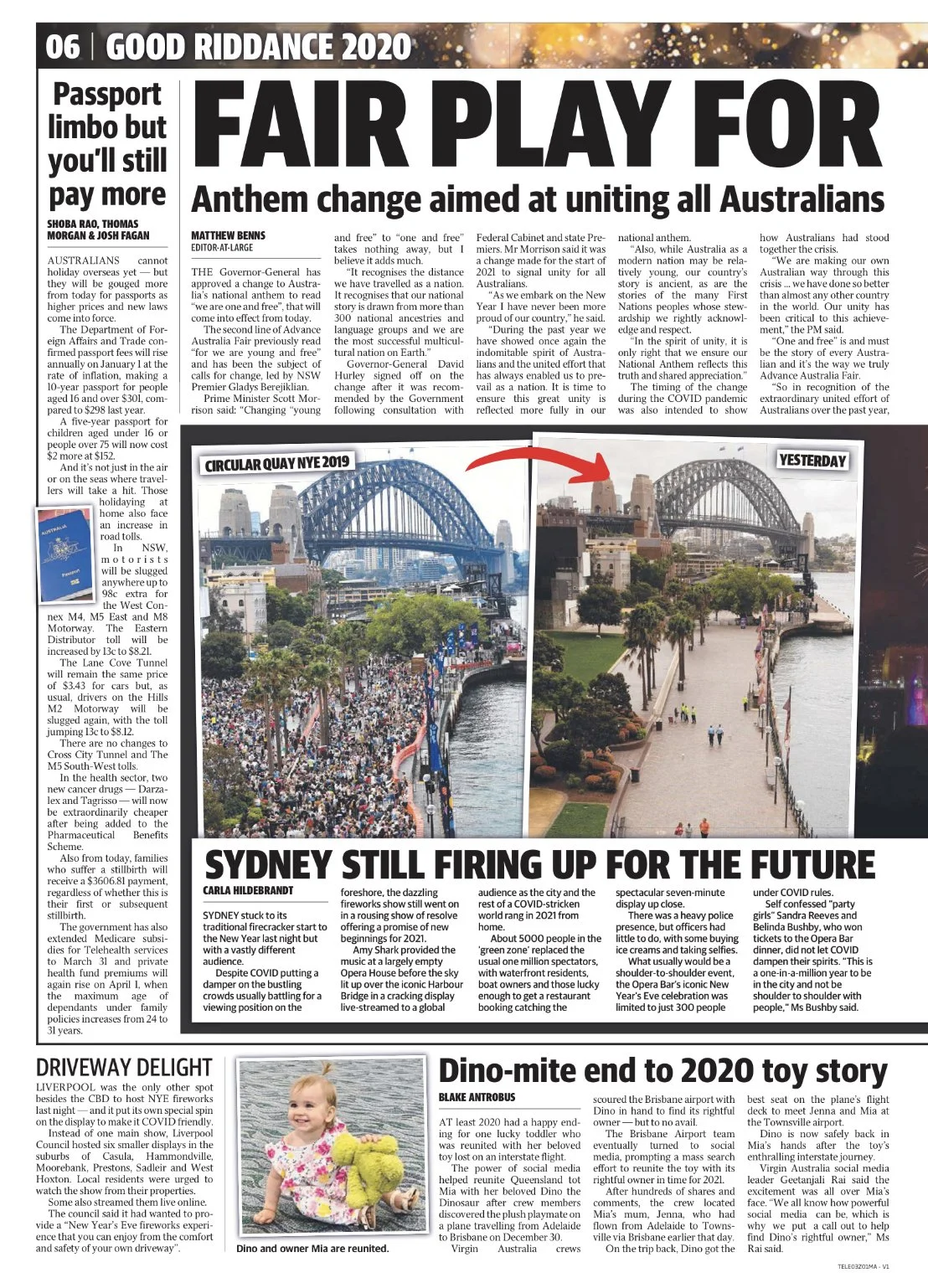 Newspaper page featuring articles about the Sydney Harbour Bridge, a Sydney fireworks display, and a toy story about a dinosaur toy.