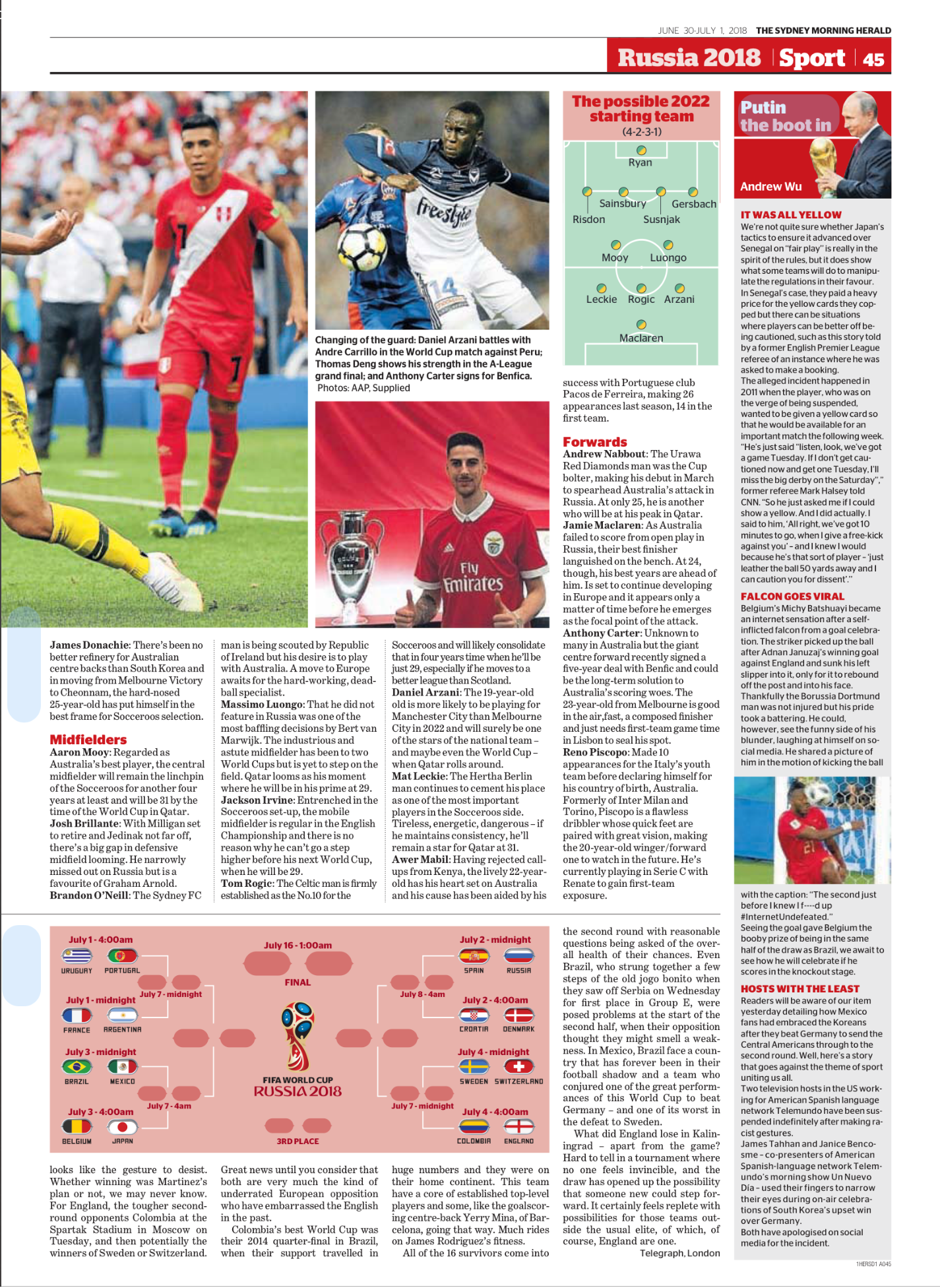 Newspaper page showing images of soccer players, a possible starting team lineup graphic, a tournament bracket, and a soccer player in action during a match.