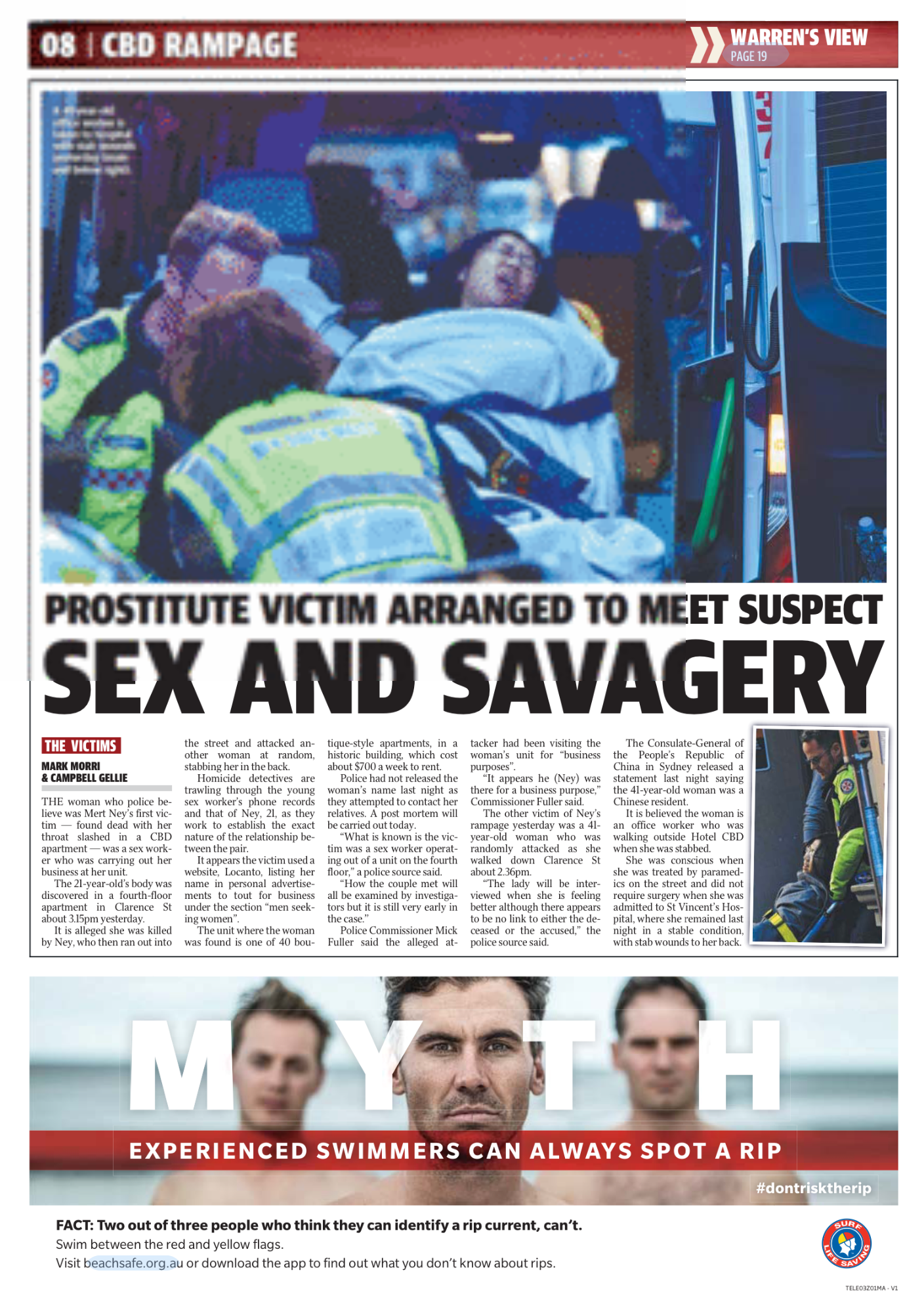 A newspaper article with a headline about a prostitute victim meeting a suspect. The photo shows emergency responders attending an injured woman in a vehicle, with paramedics in yellow and green uniforms.