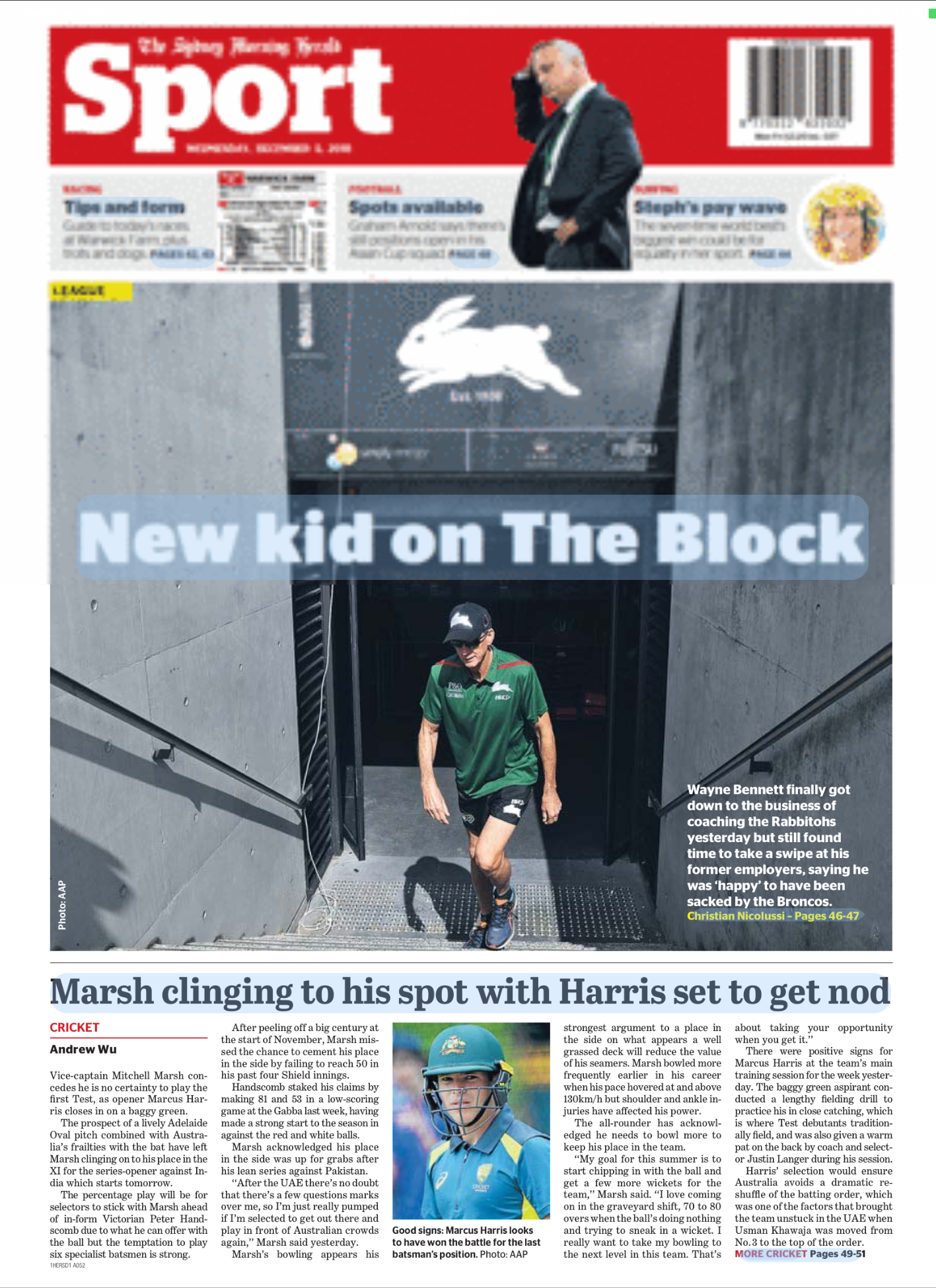 Front page of the Sydney Morning Herald Sport newspaper featuring a headline about a new player on the Brisbane Broncos rugby team, with a photo of a person in a green sports jersey and cap walking up stairs, and smaller sections about other sports n