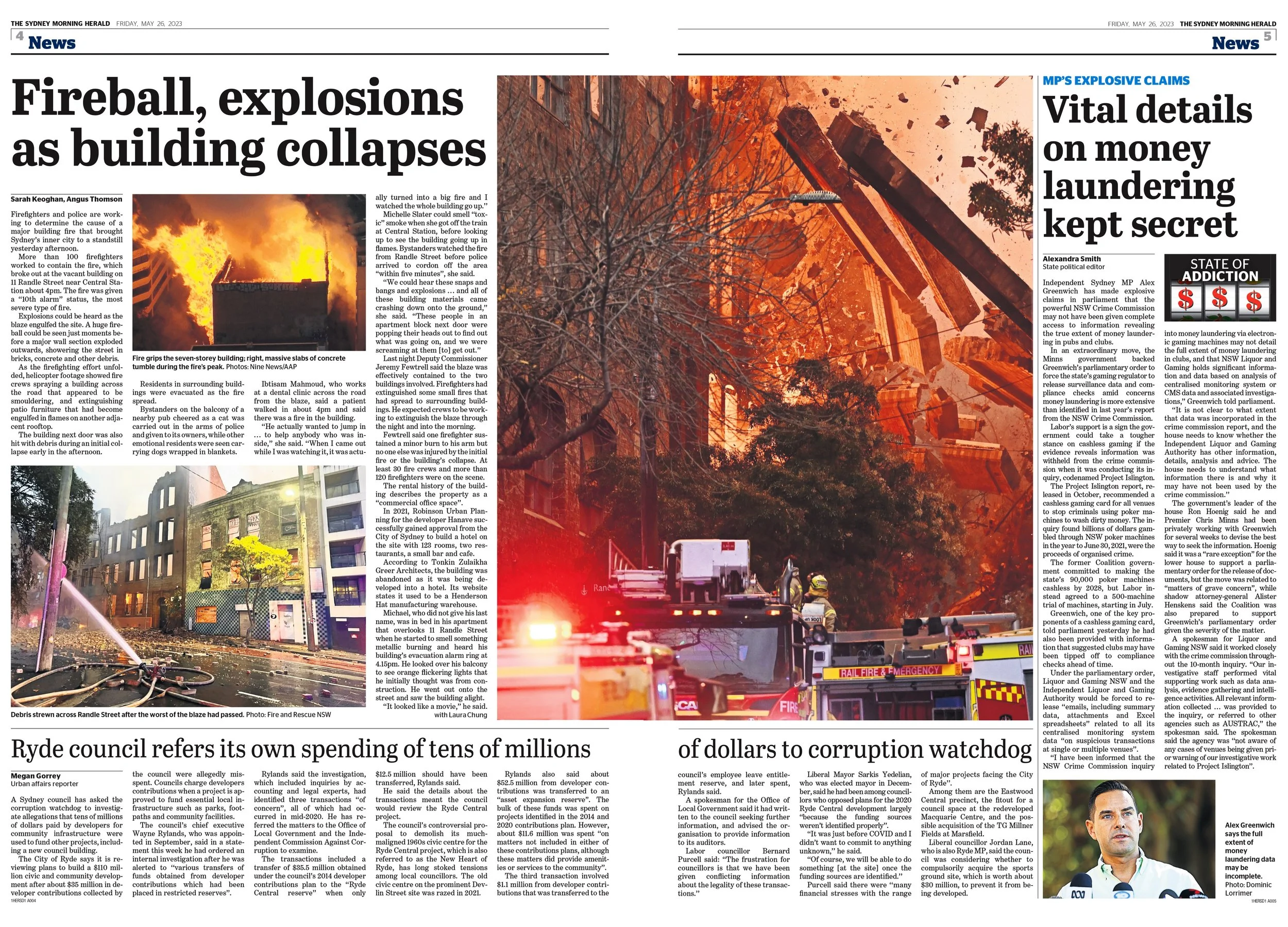 Newspaper pages from The Sydney Morning Herald, dated Friday, May 26, 2023, featuring a large image of a building on fire with flames and smoke, emergency responders at the scene, and headlines about the building collapse, explosions, and local gover