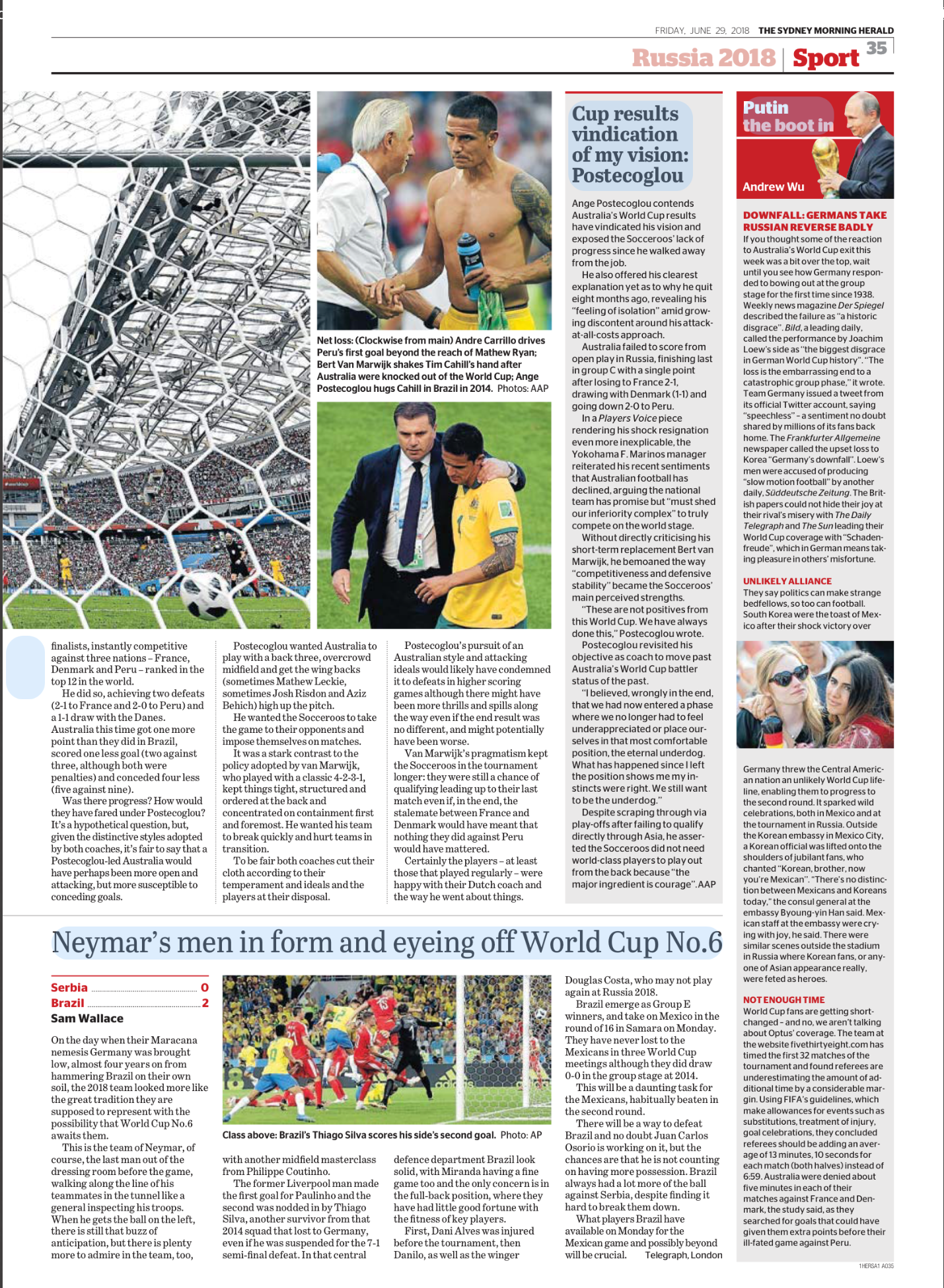 Page from a newspaper sports section with photos of a soccer match, including a goal post with a soccer ball, a coach on the sideline, and players celebrating a goal, along with text describing recent soccer events and results.