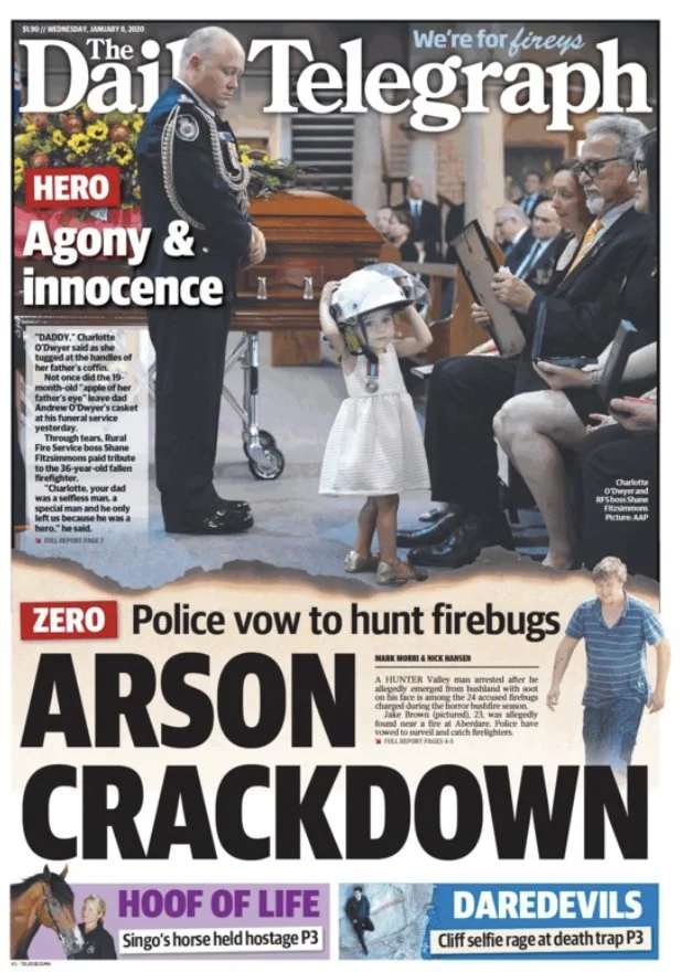The front page of The Daily Telegraph newspaper, dated Wednesday, January 8, 2020. The headline includes a photograph of a child wearing a firefighter's helmet and an adult standing at a memorial service. There are additional headlines about police v